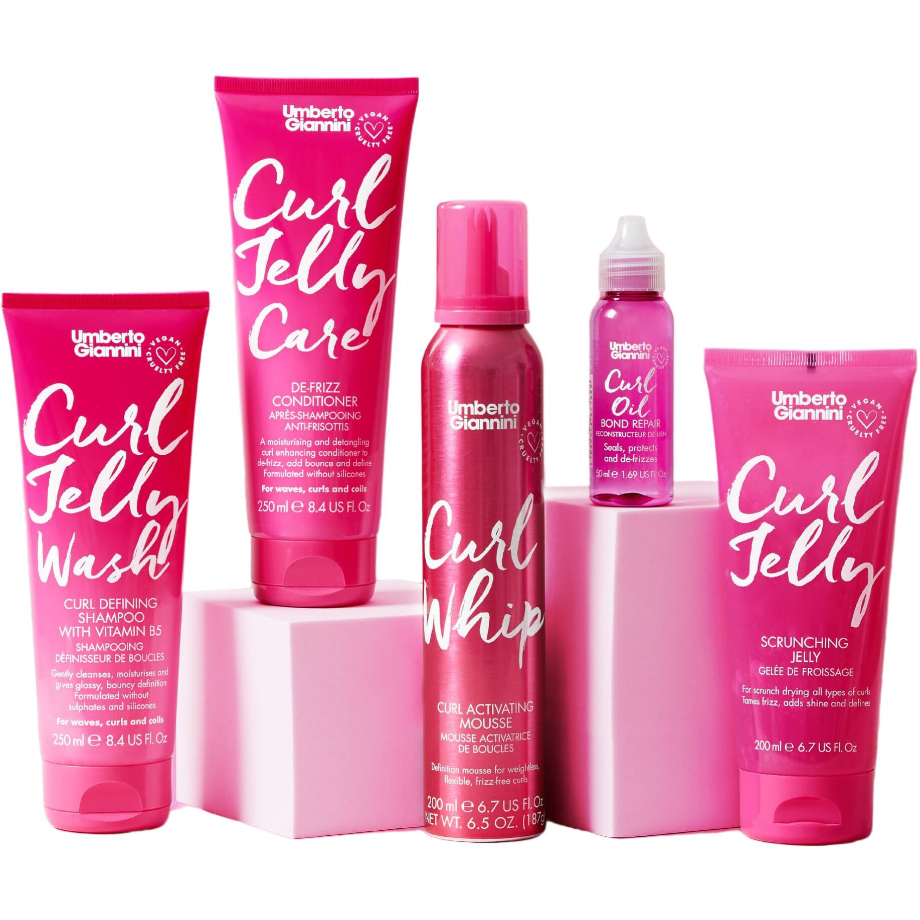Umberto Giannini Curly Girl Friendly Hair Kit - Curl Jelly  Curl Jelly Wash Shampoo & Care Conditioner  Bond Repair Curl Oil & Curl Whip Activating Mousse