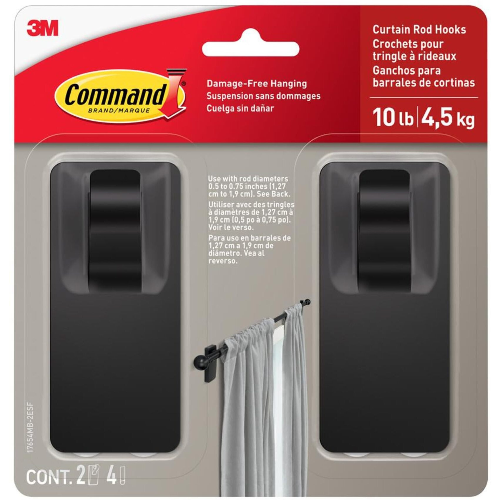 Command Matte Black Curtain Rod Hooks With Command Strips  Hang Curtain Rods No Drilling  Holds Up To 10 Lbs