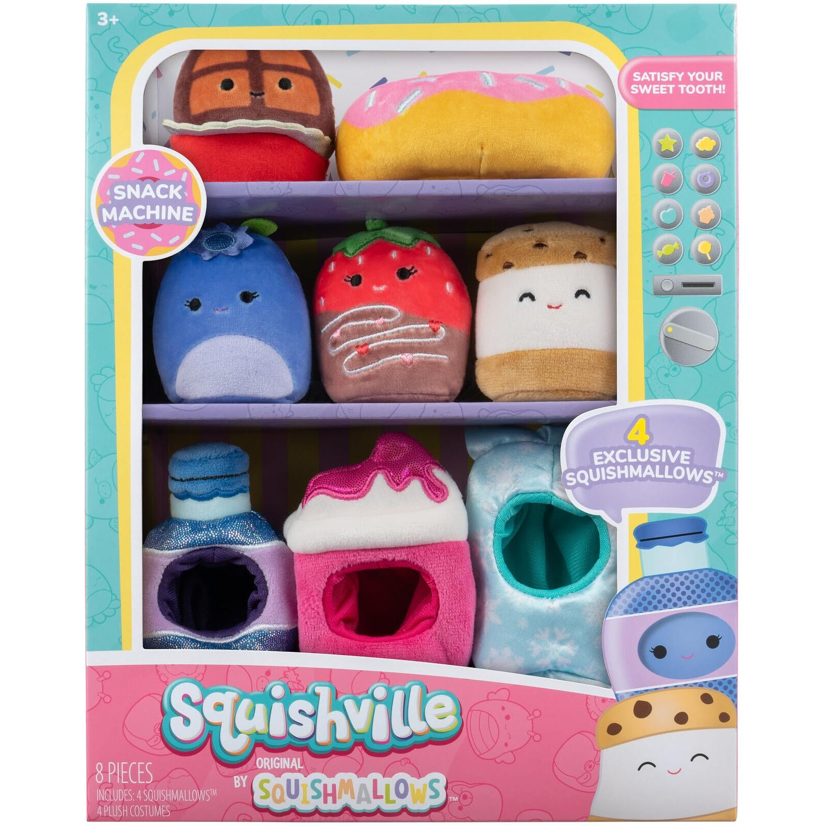 Squishville By Original Squishmallows Snack Machine Accessory Pack - Four 2-Inch Squishmallows Plush Including Bluby  Kaoko  Scarlett  And Paulton And Four Plush Costumes - Toys For Kids