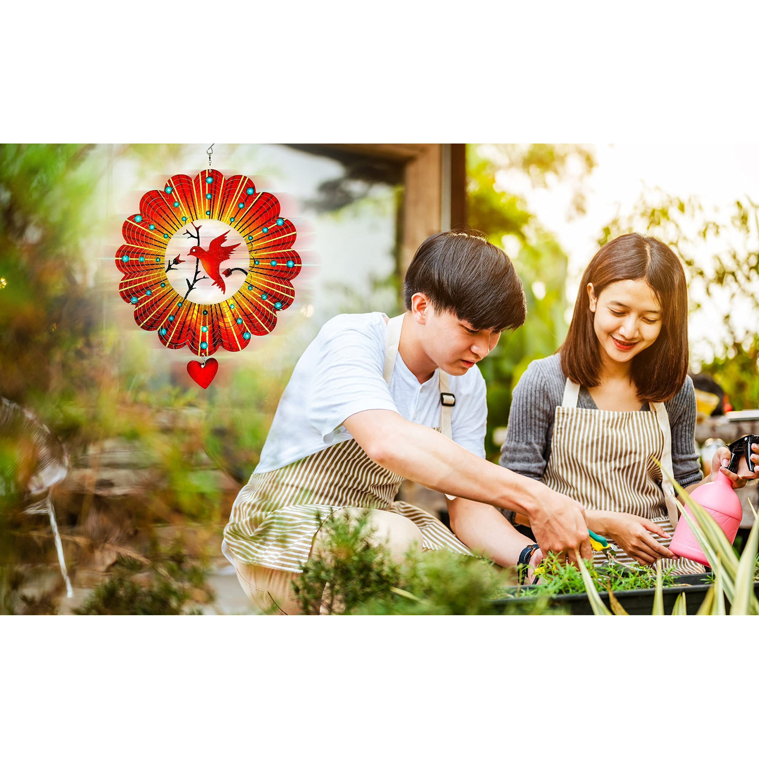 Steadydoggie Wind Spinner - 12-Inch 3D Stainless Steel Lovebird Design With Heart Pendant - Laser Cut Metal Art Geometric Pattern - Hanging Kinetic Yard Garden Decor