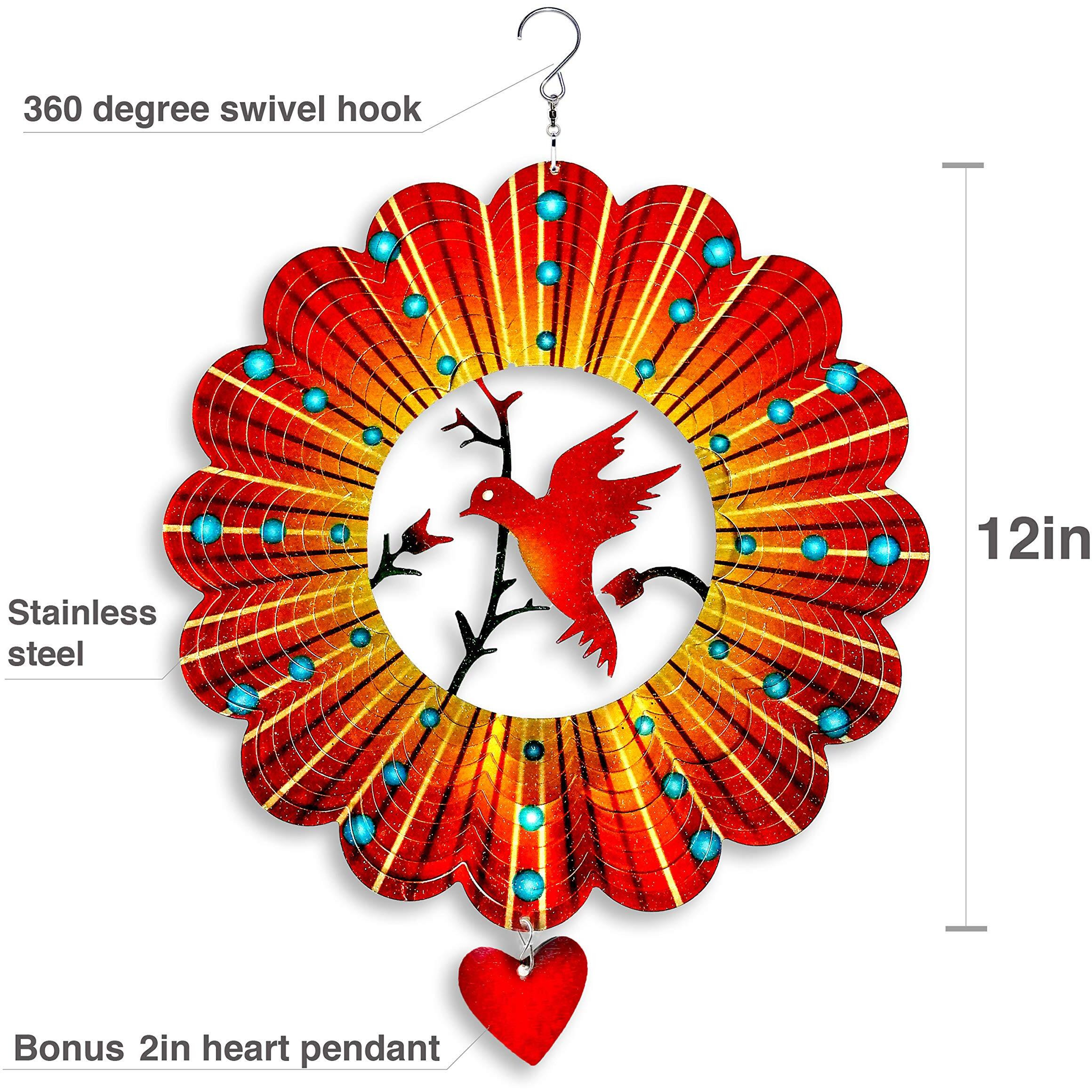 Steadydoggie Wind Spinner - 12-Inch 3D Stainless Steel Lovebird Design With Heart Pendant - Laser Cut Metal Art Geometric Pattern - Hanging Kinetic Yard Garden Decor