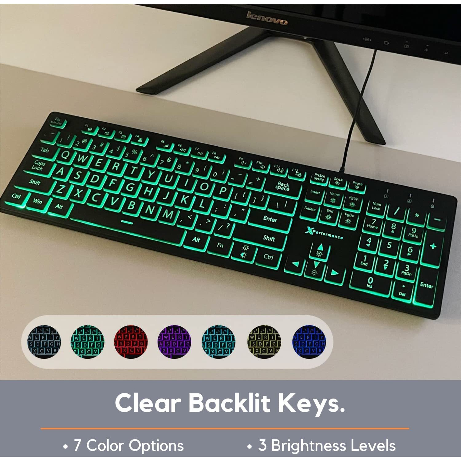 X9 Performance Backlit Large Print Keyboard - Easy To See And Type - Light Up Keyboard For Elderly Or Visually Impaired - Usb Wired Lighted Keyboard  7 Colors  Oversize Letters - Easy View Keyboard