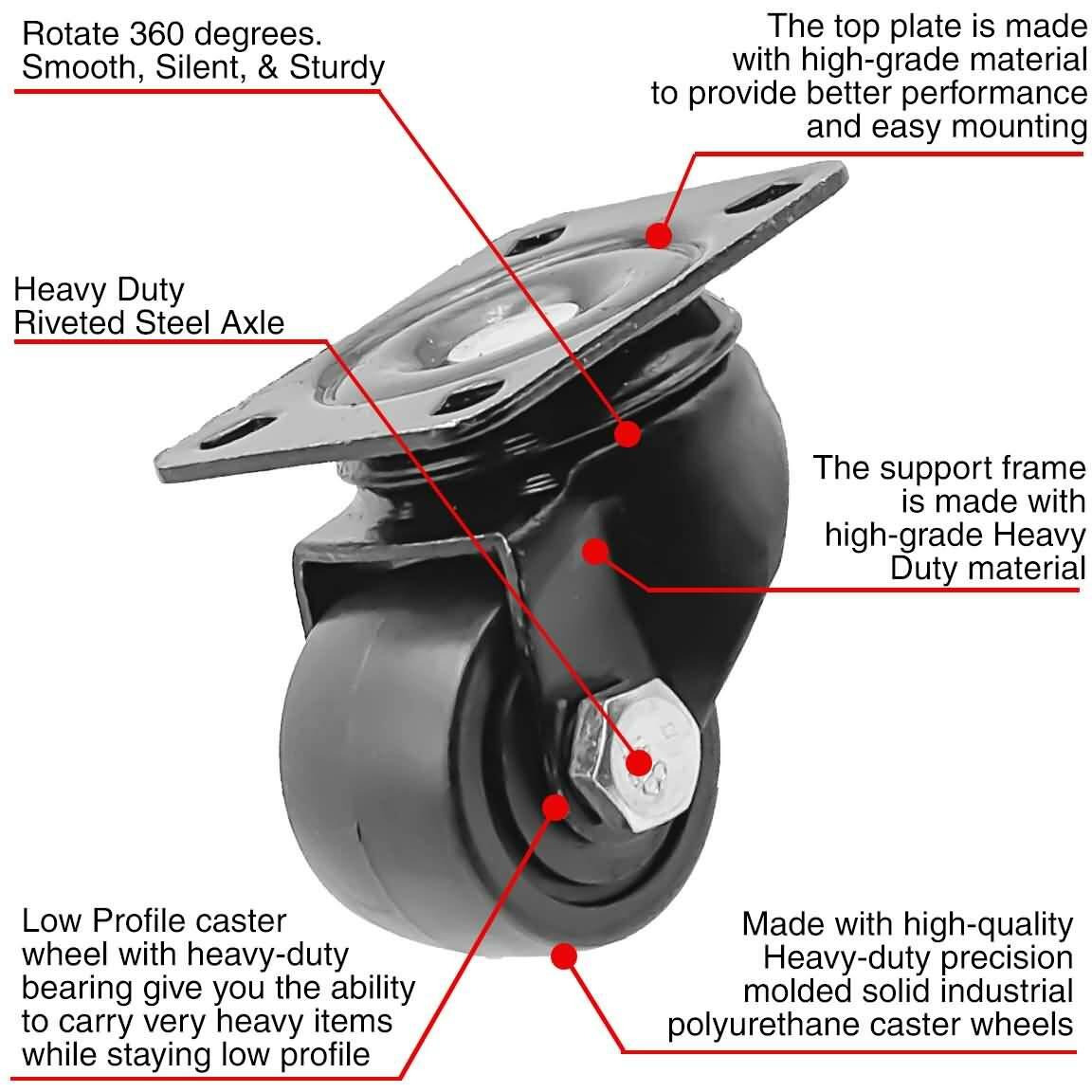 Factorduty 1.5 Inch Heavy Duty Polyurethane Caster Wheels With Side Locking Brake Double Ball Bearing Industrial Grade Solid Low Profile Smooth And Silent 800Lb Capacity Pack Of 4