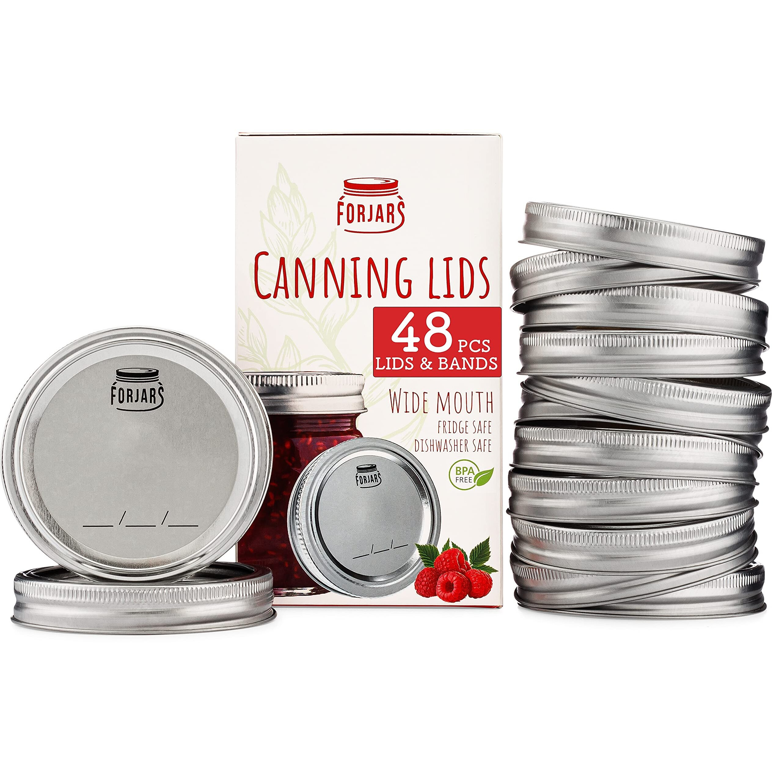 48Pcs/24Sets Wide Mouth Canning Lids And Rings - Create Airtight Seals On Mason Jars To Preserve Food For Meal Prep & Emergency Food Storage - 3.4 In. Metal Lids And Bands With Silicone Seals - Canning Supplies By Forjars