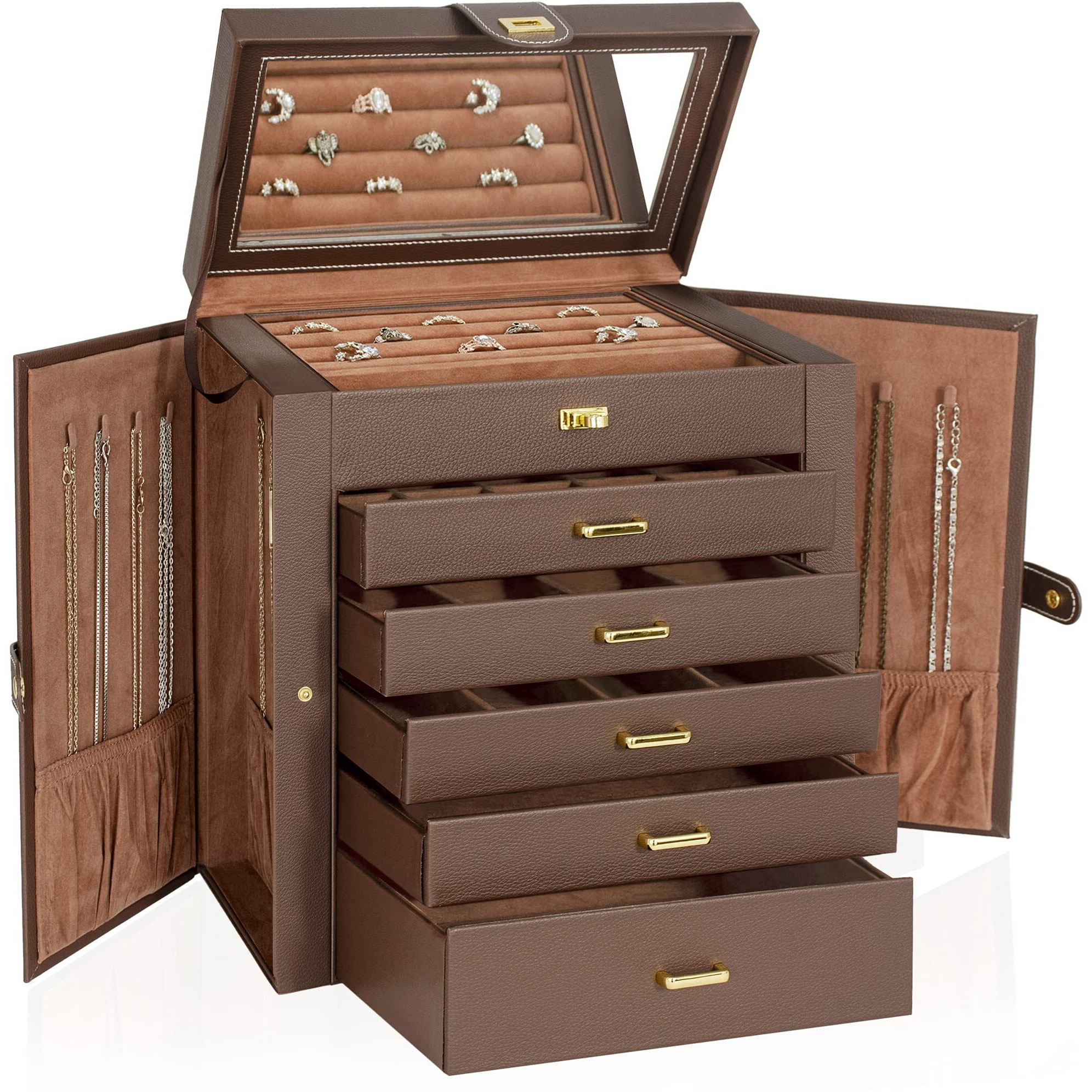 Akozlin Extra Large 6-Tier Jewelry Box Organizer With Mirror  5 Drawers Leather Jewelry Storage Case For Women Girls Ring Necklace Earring Bracelet Brown