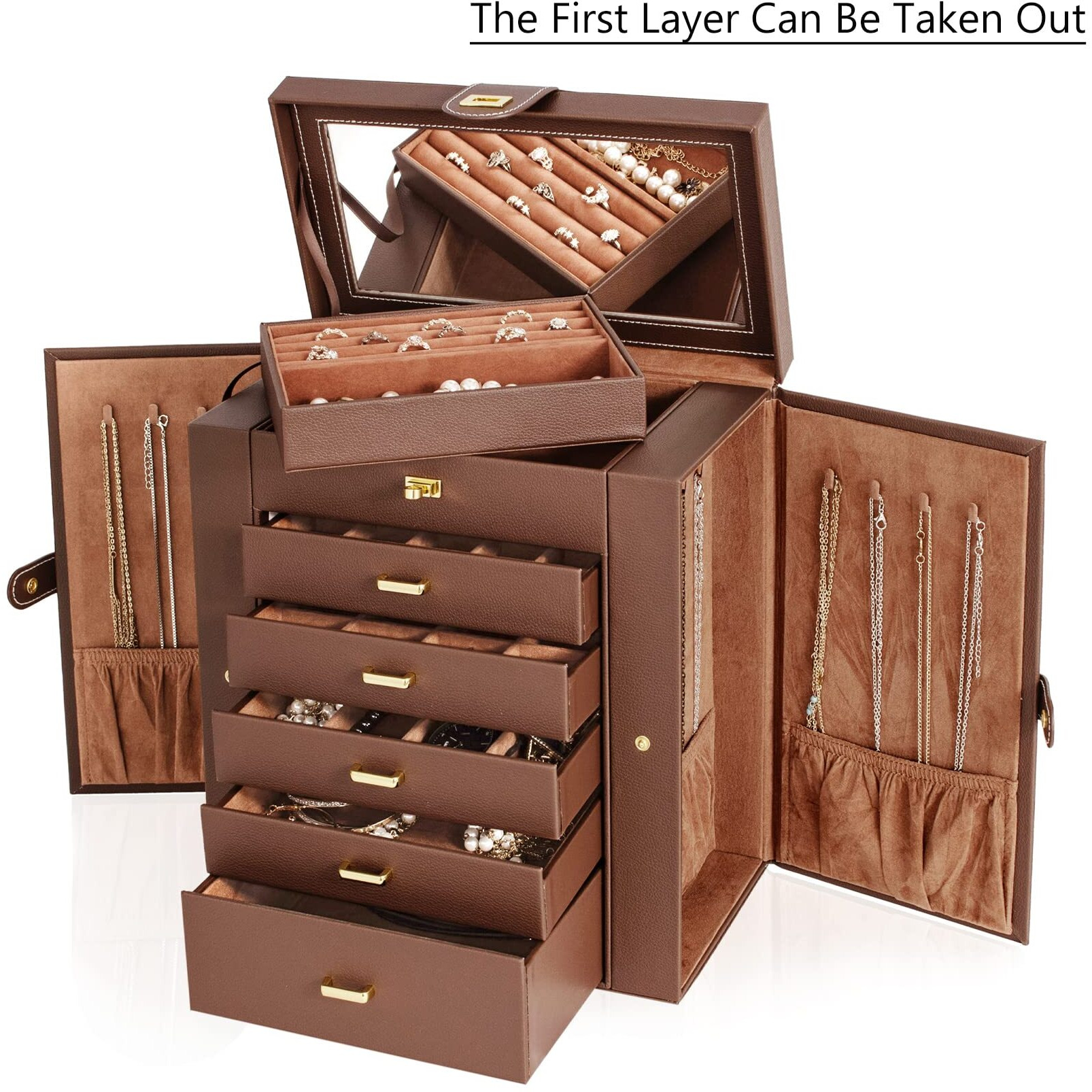 Akozlin Extra Large 6-Tier Jewelry Box Organizer With Mirror  5 Drawers Leather Jewelry Storage Case For Women Girls Ring Necklace Earring Bracelet Brown
