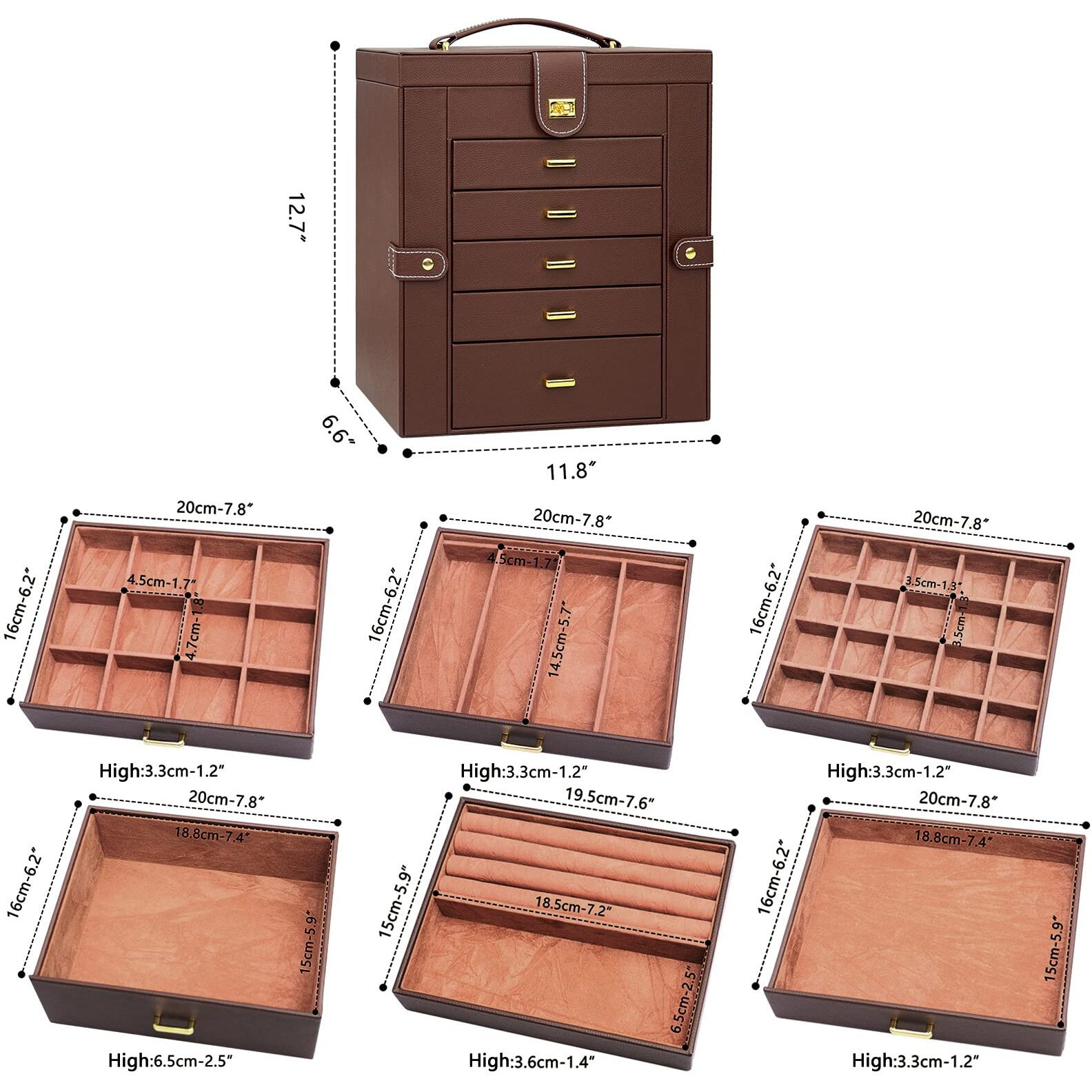 Akozlin Extra Large 6-Tier Jewelry Box Organizer With Mirror  5 Drawers Leather Jewelry Storage Case For Women Girls Ring Necklace Earring Bracelet Brown