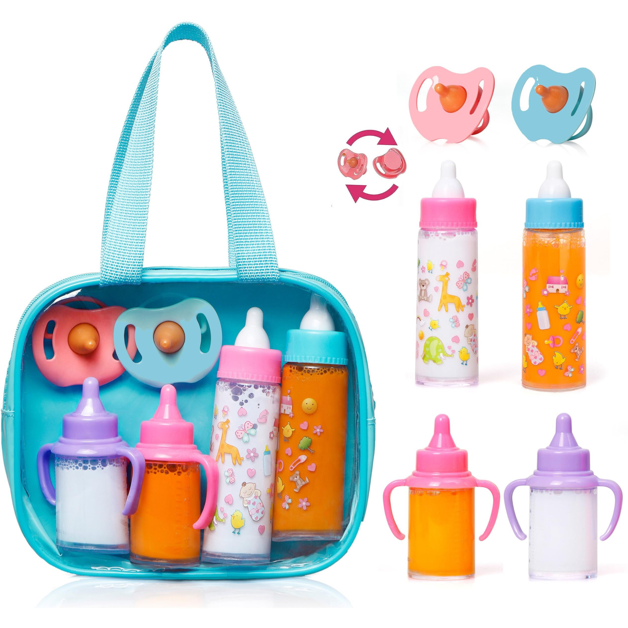 Fash N Kolor  My Sweet Baby Disappearing Doll Feeding Set | Baby Care 6 Piece Doll Feeding Set For Toy Stroller | 2 Milk & Juice Bottles With 2 Toy Pacifier For Baby Doll (Blue Bag)