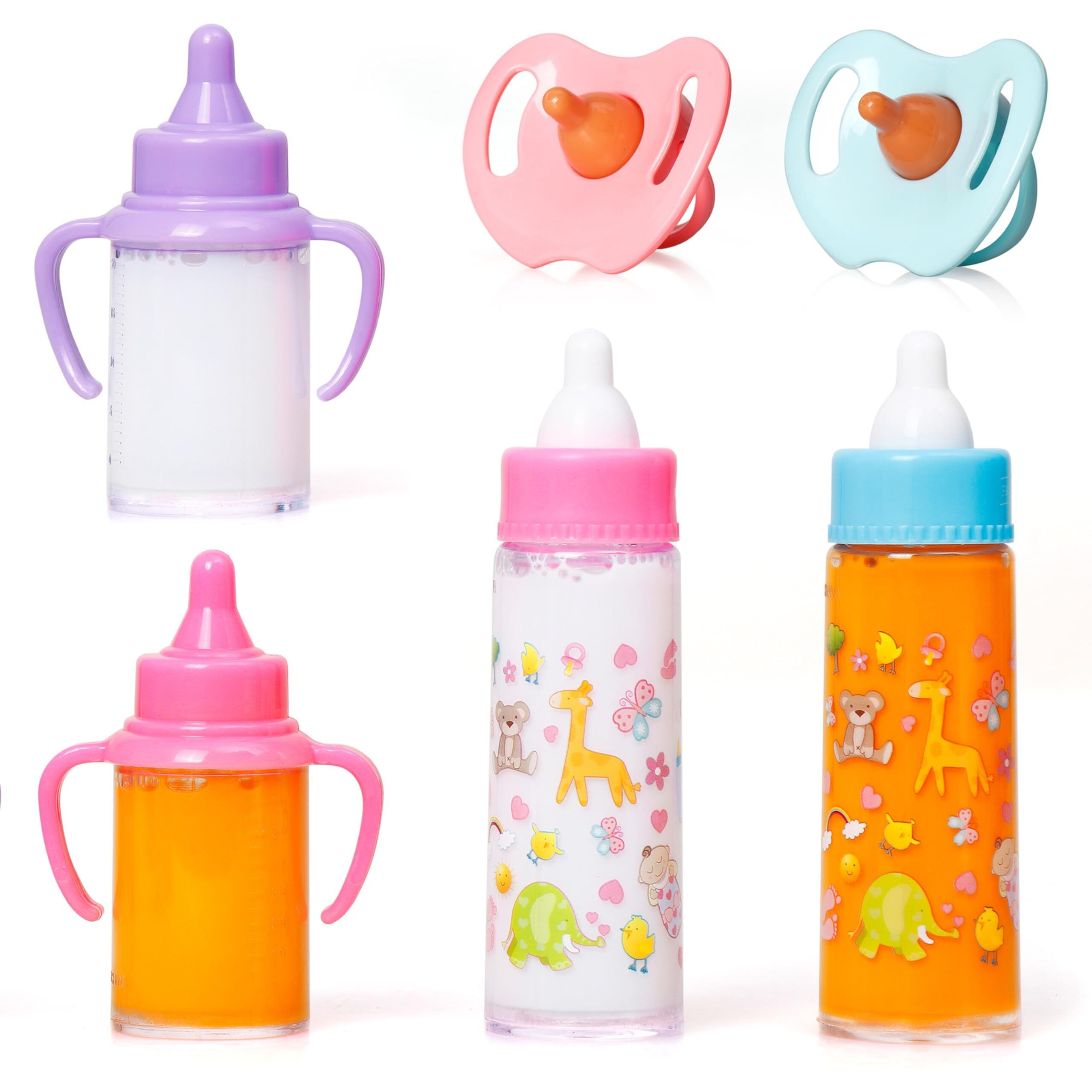 Fash N Kolor  My Sweet Baby Disappearing Doll Feeding Set | Baby Care 6 Piece Doll Feeding Set For Toy Stroller | 2 Milk & Juice Bottles With 2 Toy Pacifier For Baby Doll (Blue Bag)