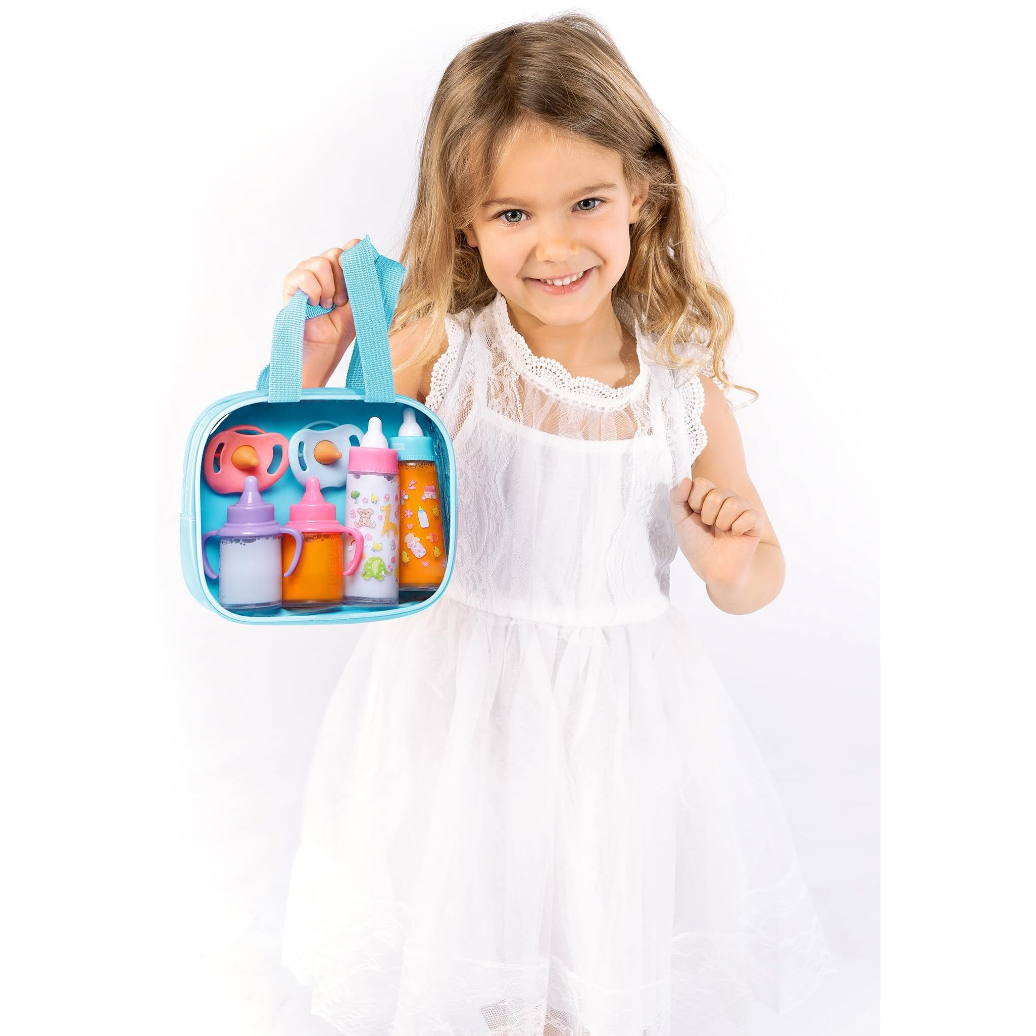 Fash N Kolor  My Sweet Baby Disappearing Doll Feeding Set | Baby Care 6 Piece Doll Feeding Set For Toy Stroller | 2 Milk & Juice Bottles With 2 Toy Pacifier For Baby Doll (Blue Bag)