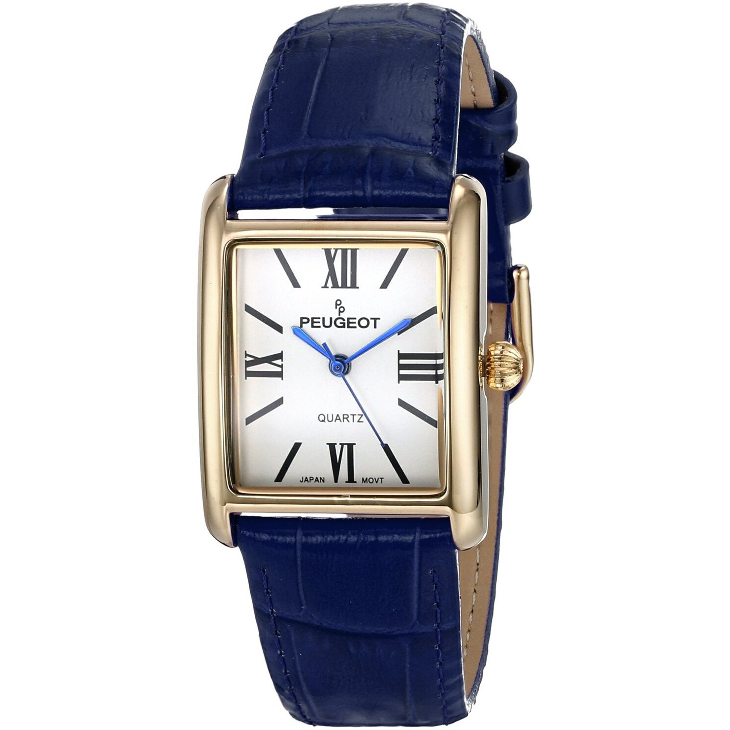 Peugeot Women's 14K Gold Plated Tank Leather Dress Watch With Roman Numerals Dial  Blue