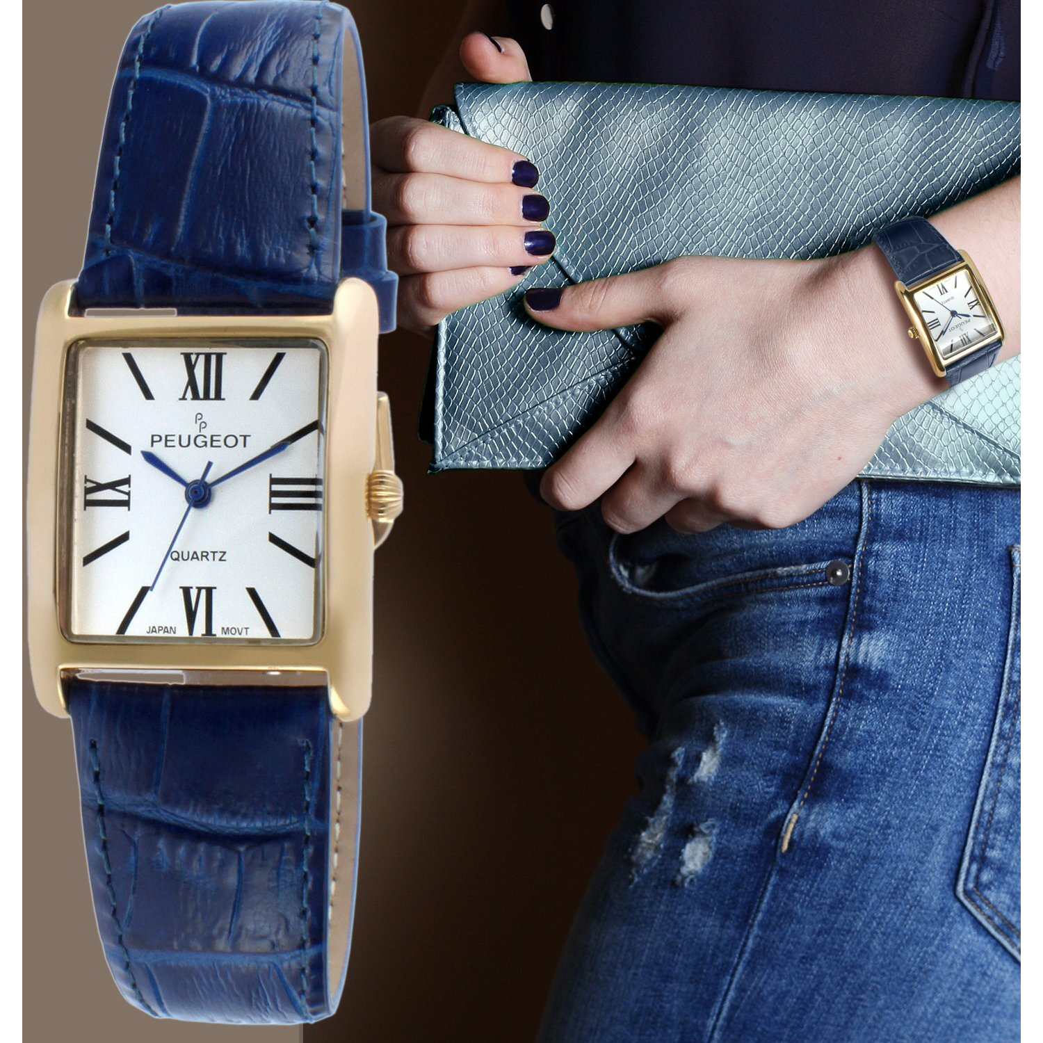 Peugeot Women's 14K Gold Plated Tank Leather Dress Watch With Roman Numerals Dial  Blue