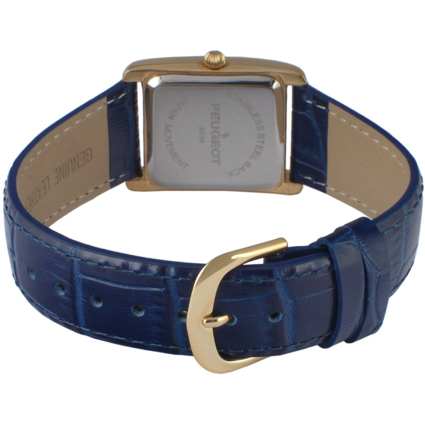 Peugeot Women's 14K Gold Plated Tank Leather Dress Watch With Roman Numerals Dial  Blue