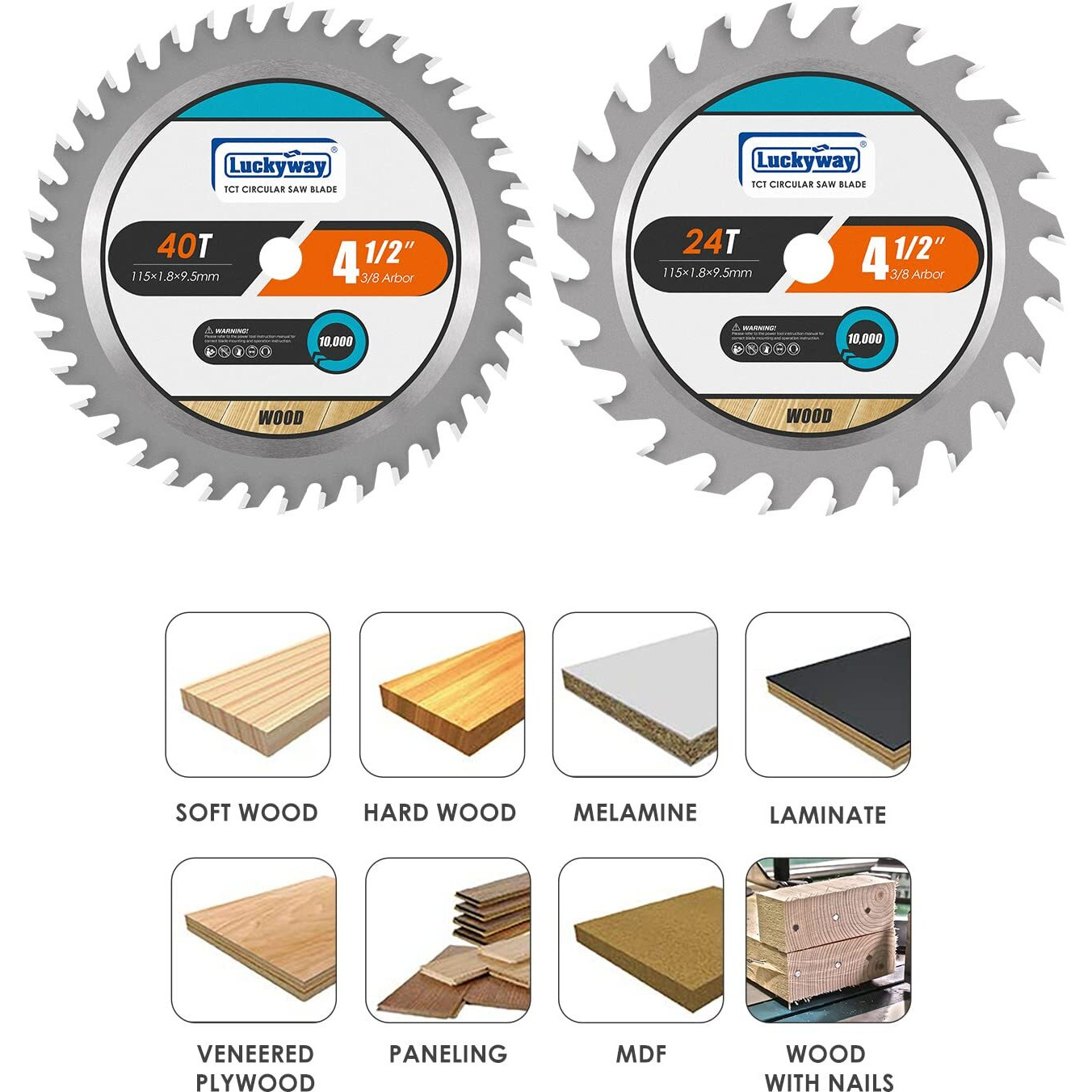 Luckyway 4-Pack 4-1/2 Inch 24T&40T With 3/8 Inch Arbor Tct Circular Saw Blade For Cutting Wood
