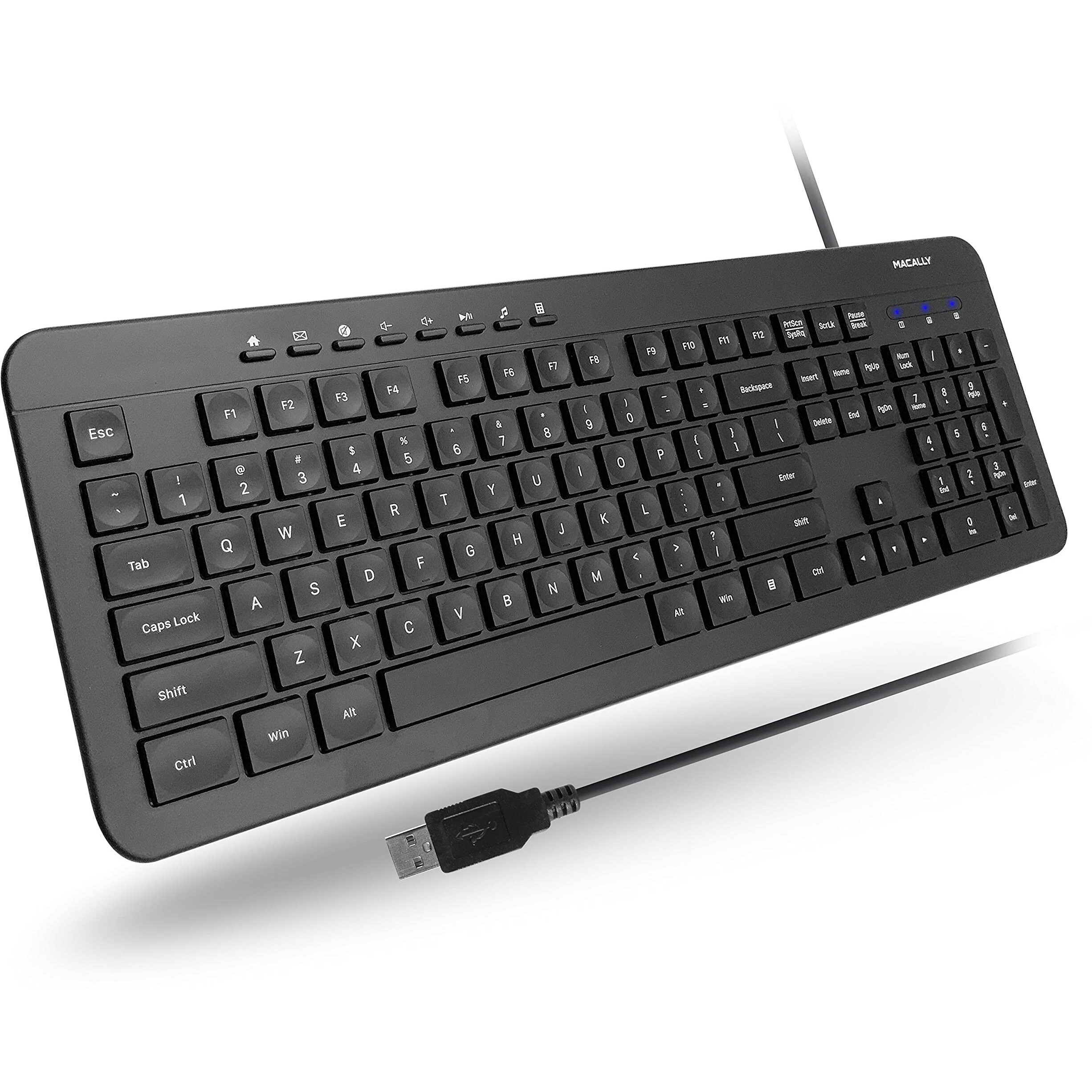 Macally Wired Keyboard | Full Size Computer Keyboard | Quiet Keyboard (Corded Plug And Play) Comfortable For All Day Typing Usb Keyboard For Pc Desktop And Laptop