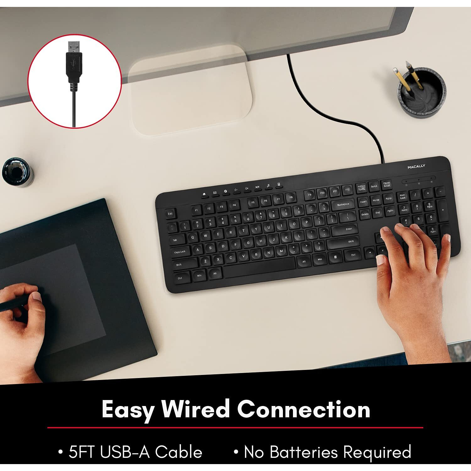 Macally Wired Keyboard | Full Size Computer Keyboard | Quiet Keyboard (Corded Plug And Play) Comfortable For All Day Typing Usb Keyboard For Pc Desktop And Laptop