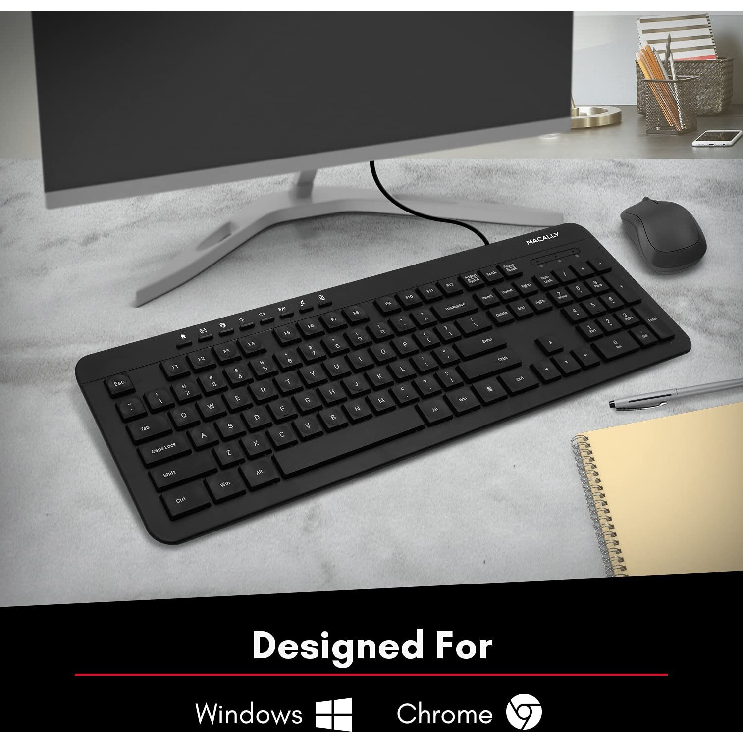 Macally Wired Keyboard | Full Size Computer Keyboard | Quiet Keyboard (Corded Plug And Play) Comfortable For All Day Typing Usb Keyboard For Pc Desktop And Laptop