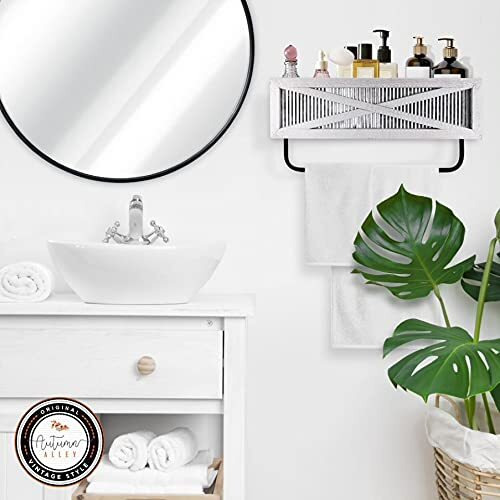 Autumn Alley Farmhouse Rustic Towel Rack Shelf Holder - Wood Towel Rack Basket Storage - Farmhouse Towel Holder For Rustic Bathroom And Farmhouse Kitchen DCor - Wall Mounted  Galvanized  Rustic White