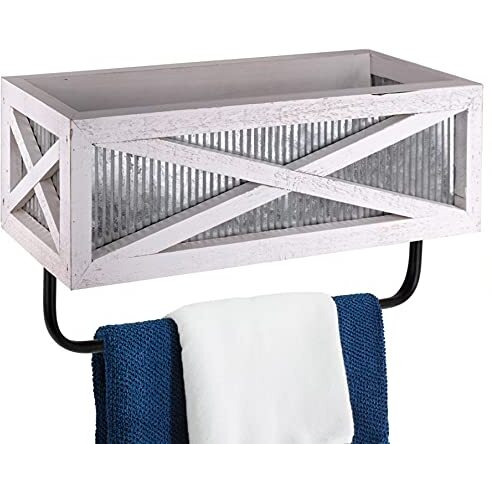 Autumn Alley Farmhouse Rustic Towel Rack Shelf Holder - Wood Towel Rack Basket Storage - Farmhouse Towel Holder For Rustic Bathroom And Farmhouse Kitchen DCor - Wall Mounted  Galvanized  Rustic White