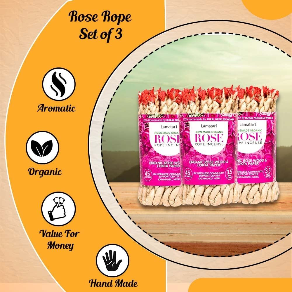 Set Of 3 Tibetan Rope Incense -Appr 135 In Ropes Hand Made In Nepal (Rose Rope Set Of 3)