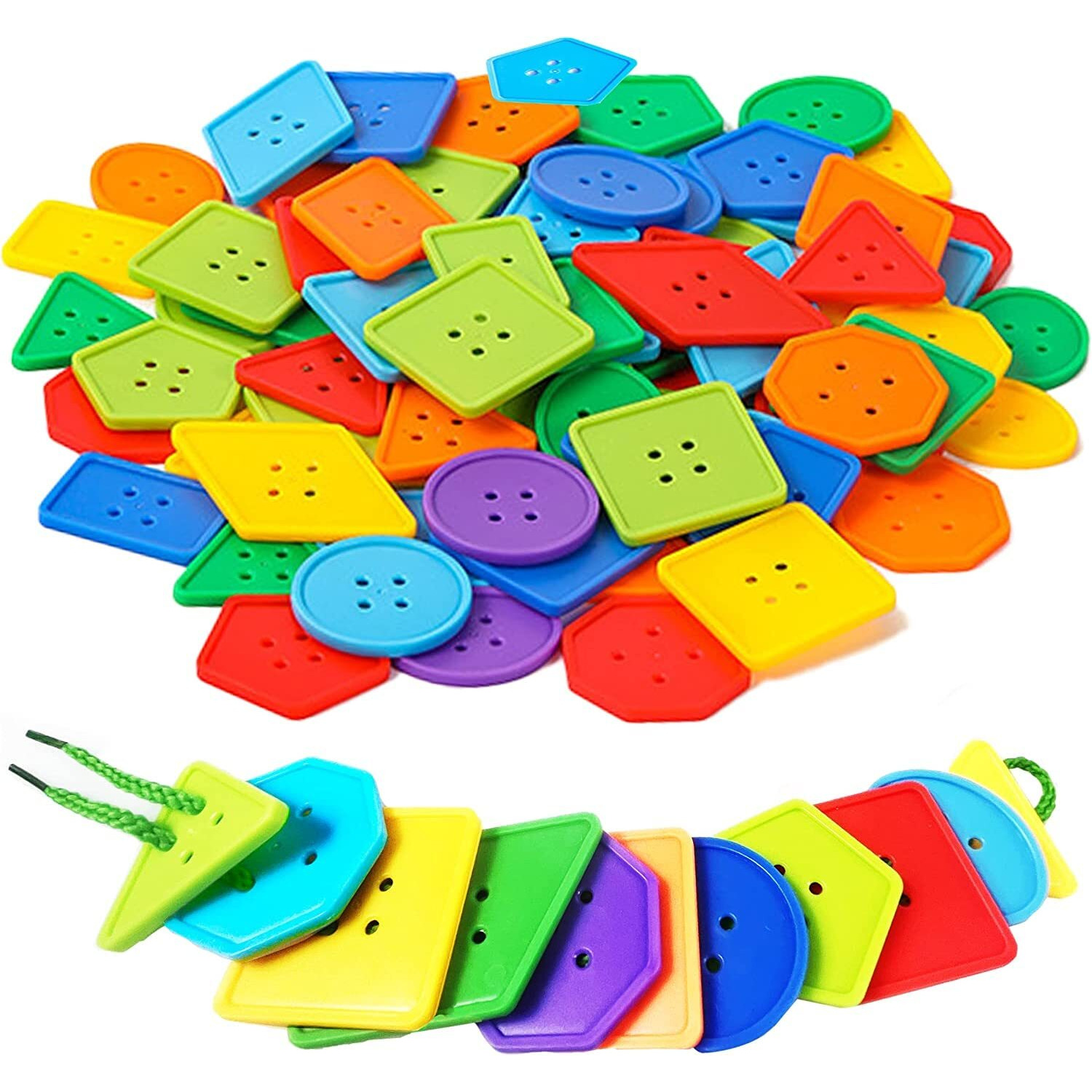 70 Pcs Montessori Lacing Threading Toy - Geometric Shaped Large Beads For Kids Crafts  Preschool Activities And Daycare Toys - Autism Learning Materials And Fine Motor Skills Toys For 3 4 5 6 Year Old