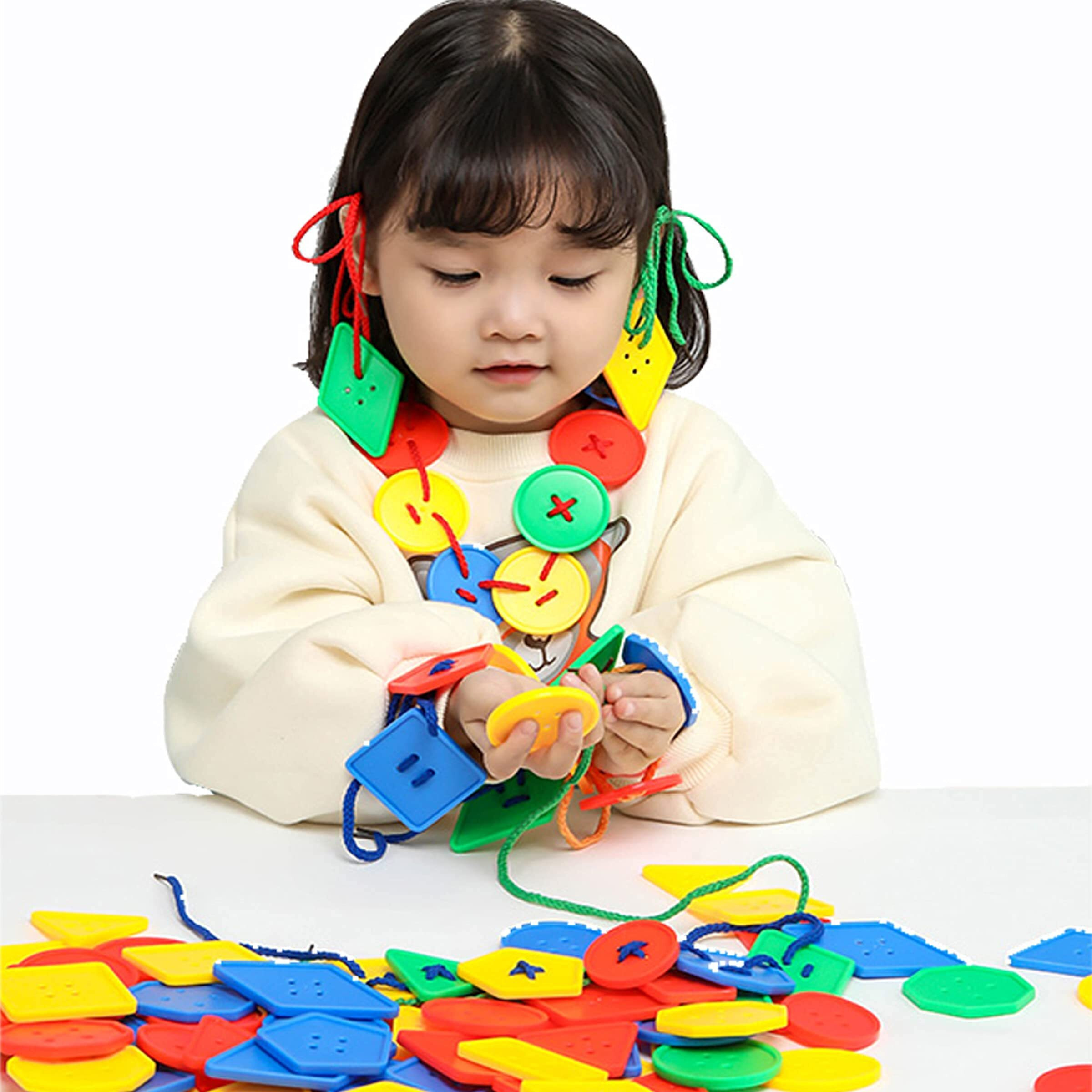 70 Pcs Montessori Lacing Threading Toy - Geometric Shaped Large Beads For Kids Crafts  Preschool Activities And Daycare Toys - Autism Learning Materials And Fine Motor Skills Toys For 3 4 5 6 Year Old