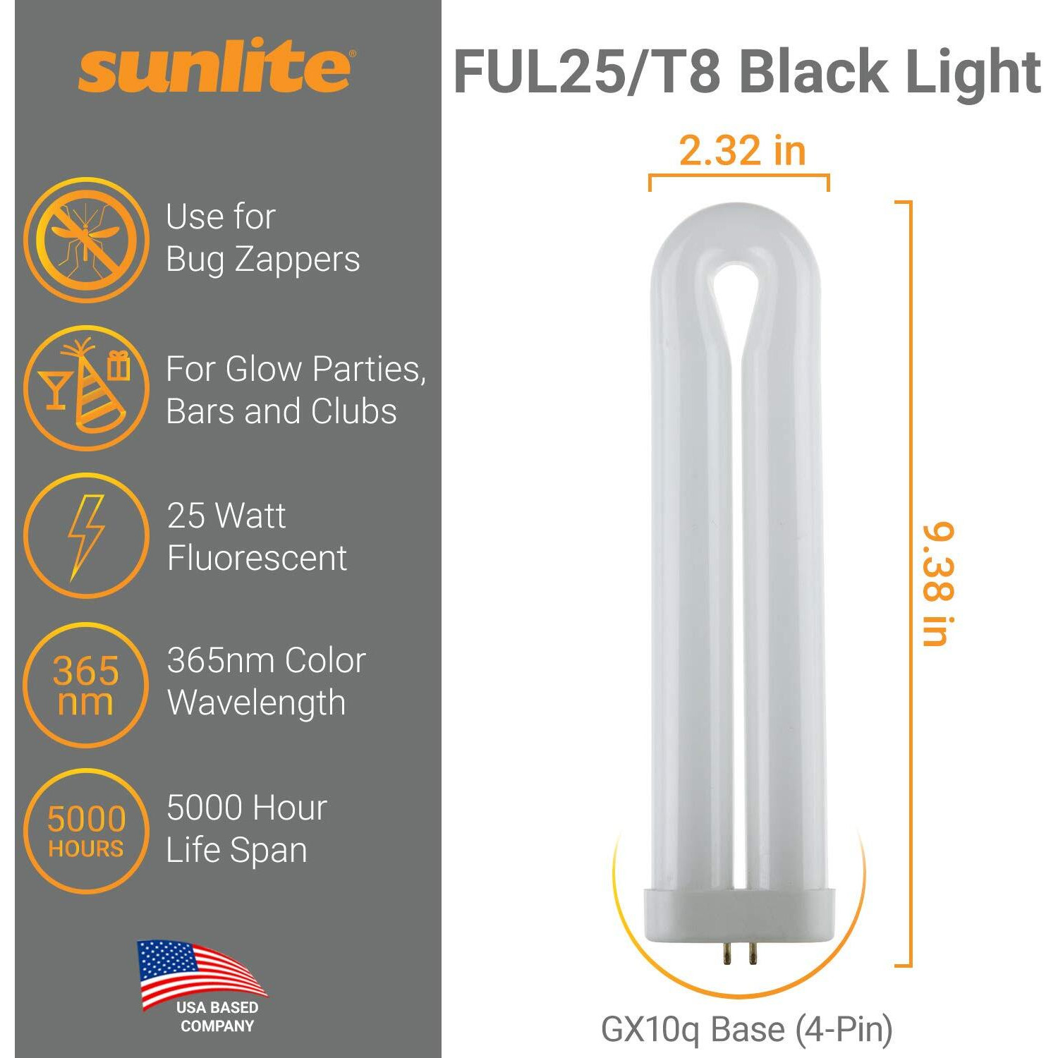 Sunlite 05165-Su Ful25T8 Fluorescent Black Light Bulb  25 Watts  Gx10Q 4-Pin Base  Uv Light  365Nm Color Wavelength  5 000 Hour Life Span  Perfect For Bug Zappers  Clubs  Restaurants  Bars  1 Pack