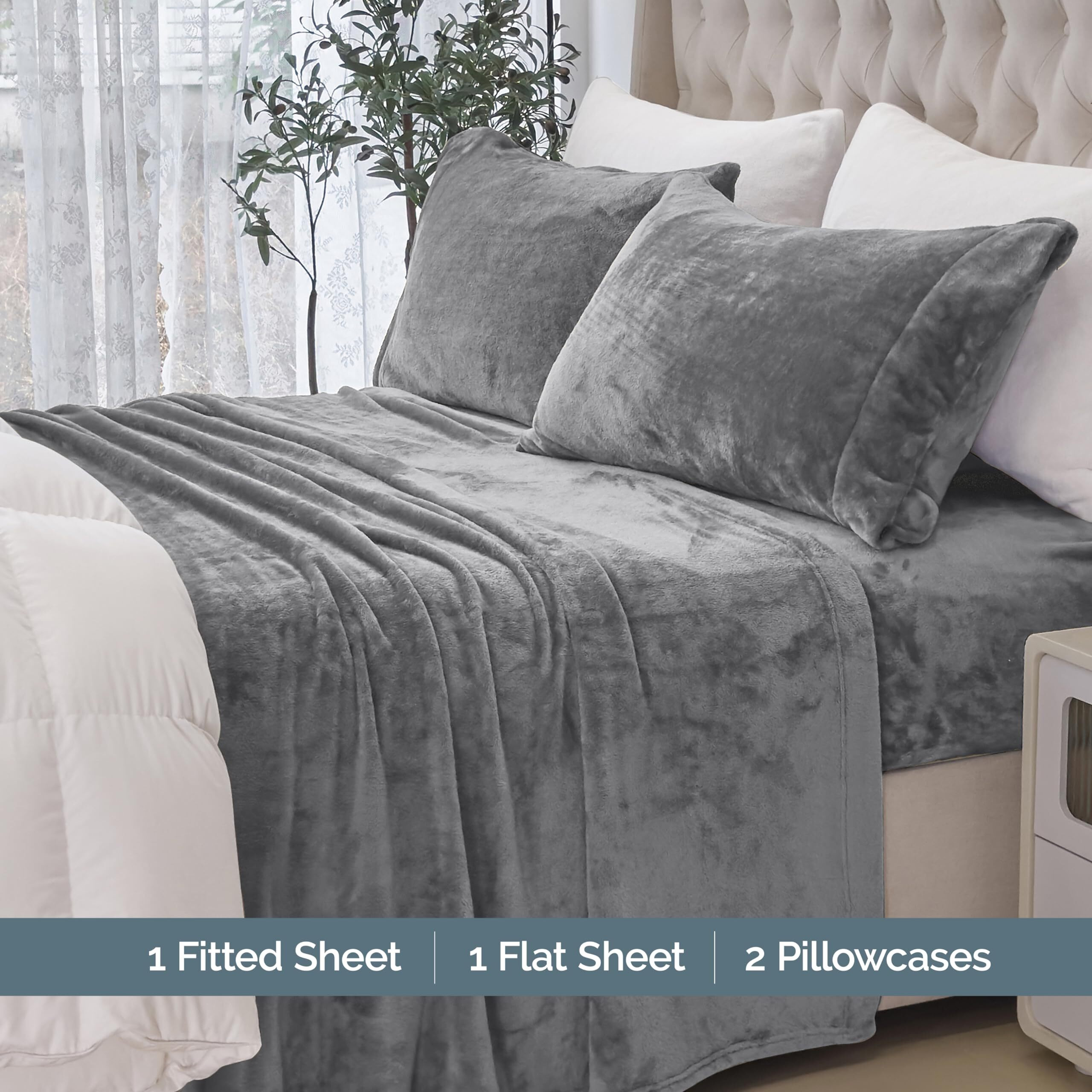 Elegant Comfort Luxuriously Soft 4-Piece Velvet Plush Flannel Sheet Set - Premium Quality - Cozy Warm  Anti-Static  Non Pilling Fuzzy Velvet Flannel Fleece Deep Pocket Sheet Set - Full  Gray