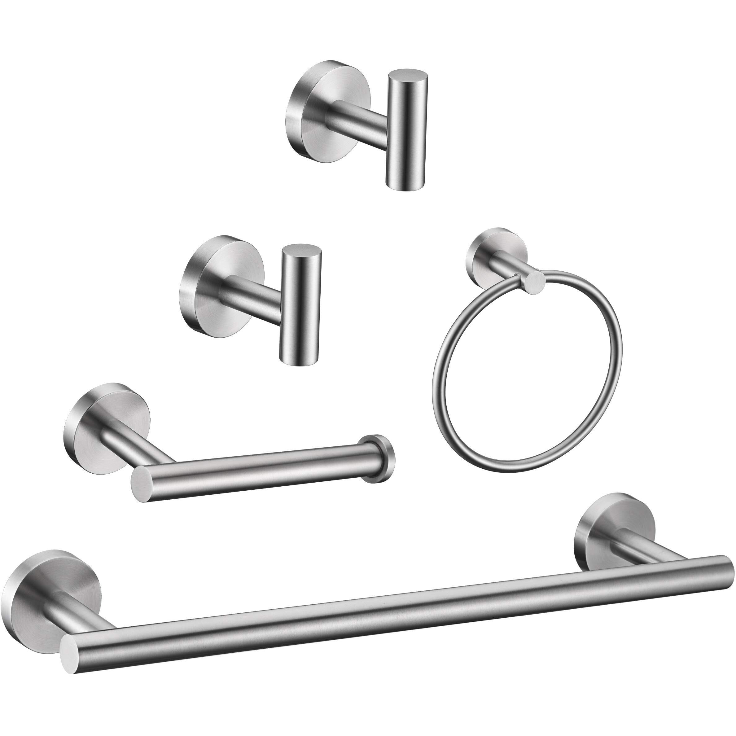 5 Pieces Brushed Nickel Bathroom Hardware Set Include 16Inch Towel Bar 2Pcstowel Hooks Toilet Paper Holder Hand Towel Ring Round Sus304 Stainless Steel Bathroom Accessories Set Heavy Duty Wall Mounted