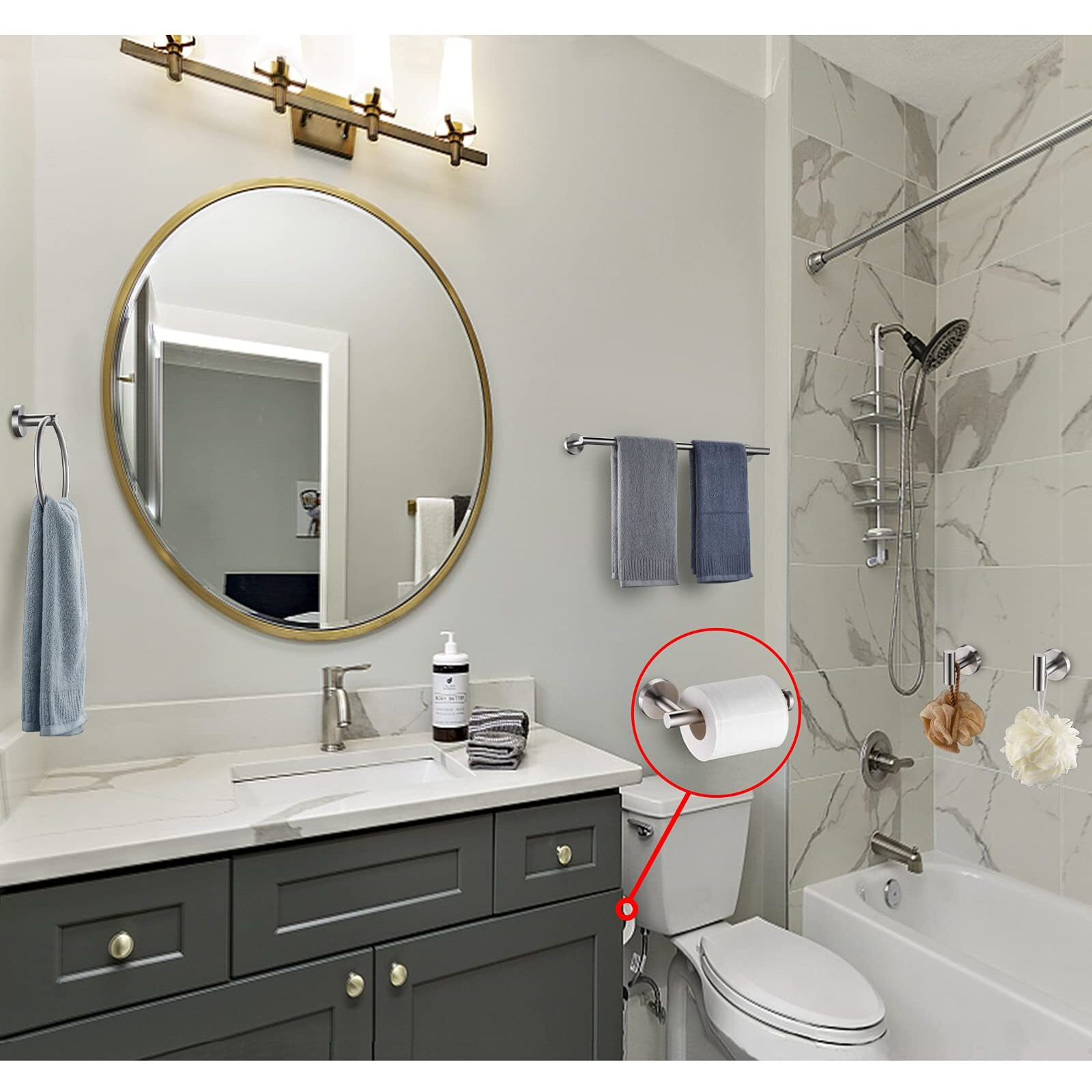 5 Pieces Brushed Nickel Bathroom Hardware Set Include 16Inch Towel Bar 2Pcstowel Hooks Toilet Paper Holder Hand Towel Ring Round Sus304 Stainless Steel Bathroom Accessories Set Heavy Duty Wall Mounted