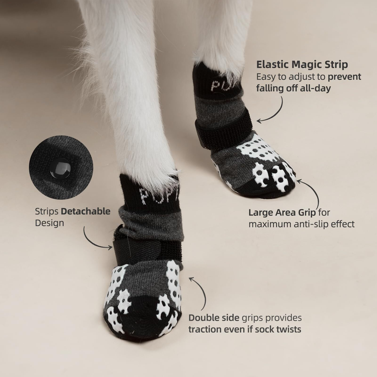 Pupteck Anti-Slip Dog Socks With Double Sides Grips For Small Medium Large Dogs Hardwood Floors Prevents Licking  Dog Shoes For Hot Pavement Traction Control Paw Protector For Senior Dogs  Grey L