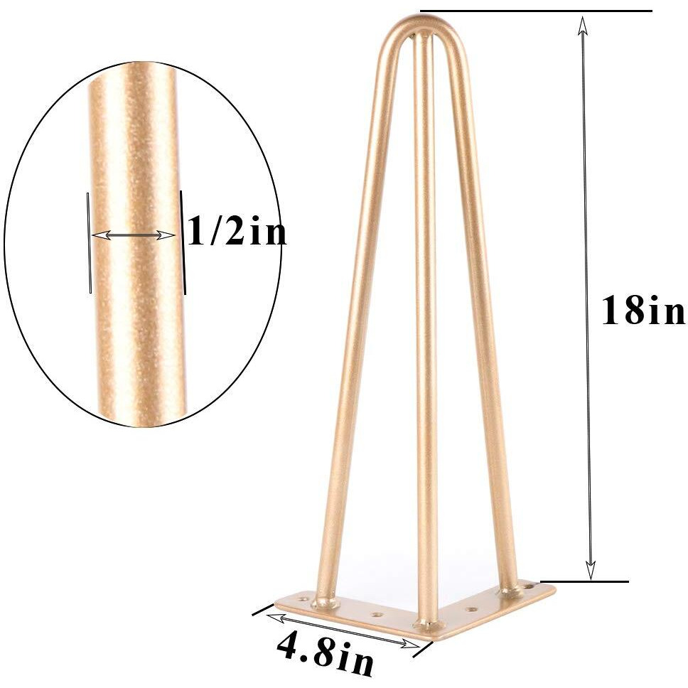 Osring 18 Inch Hairpin Table Legs With 1/2"" Dia 3-Rods  Heavy Duty Metal Hairpin Furniture Leg For Coffee Table And Patio Bench  Gold Hairpin Feet With Floor Protectors For Home Diy Project  4 Pack