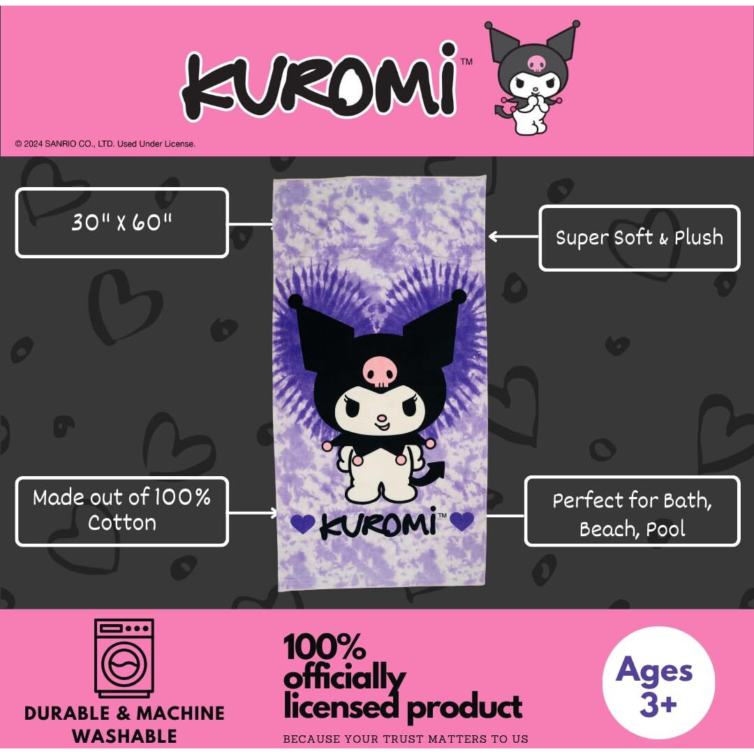 Franco Collectibles Sanrio Kuromi Super Soft Cotton Bath/Pool/Beach Towel  60 In X 30 In  (Official Licensed Product)