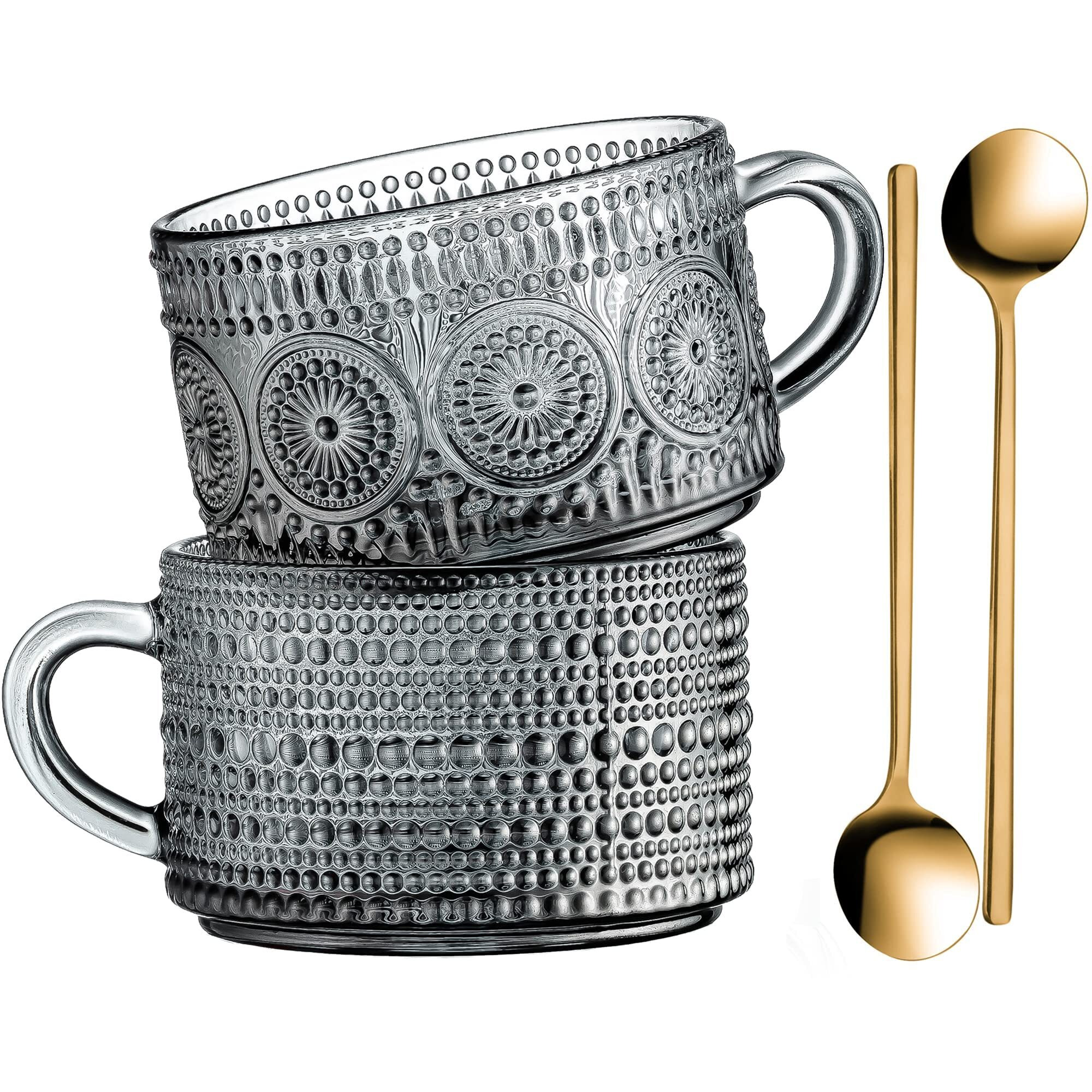 Gezzeny Vintage Glass Coffee Mugs 14 Oz Set Of 2 Gray Embossed Tea Cups For Cappuccino  Latte Cereal  Yogurt  Beverage Hot/Cold Mother's Father's Day Gifts