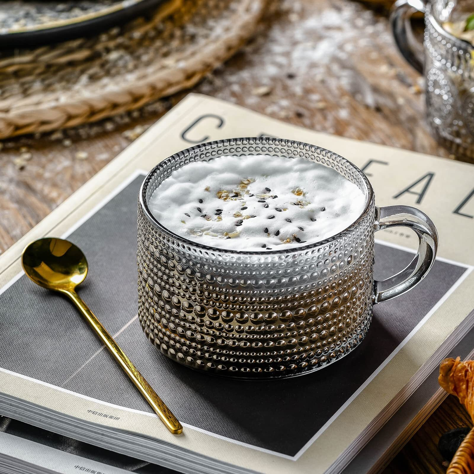 Gezzeny Vintage Glass Coffee Mugs 14 Oz Set Of 2 Gray Embossed Tea Cups For Cappuccino  Latte Cereal  Yogurt  Beverage Hot/Cold Mother's Father's Day Gifts