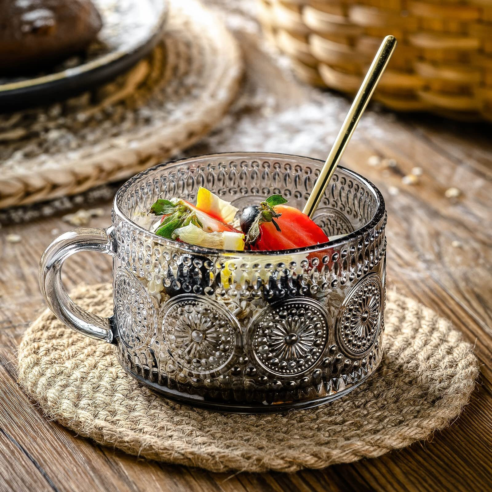 Gezzeny Vintage Glass Coffee Mugs 14 Oz Set Of 2 Gray Embossed Tea Cups For Cappuccino  Latte Cereal  Yogurt  Beverage Hot/Cold Mother's Father's Day Gifts
