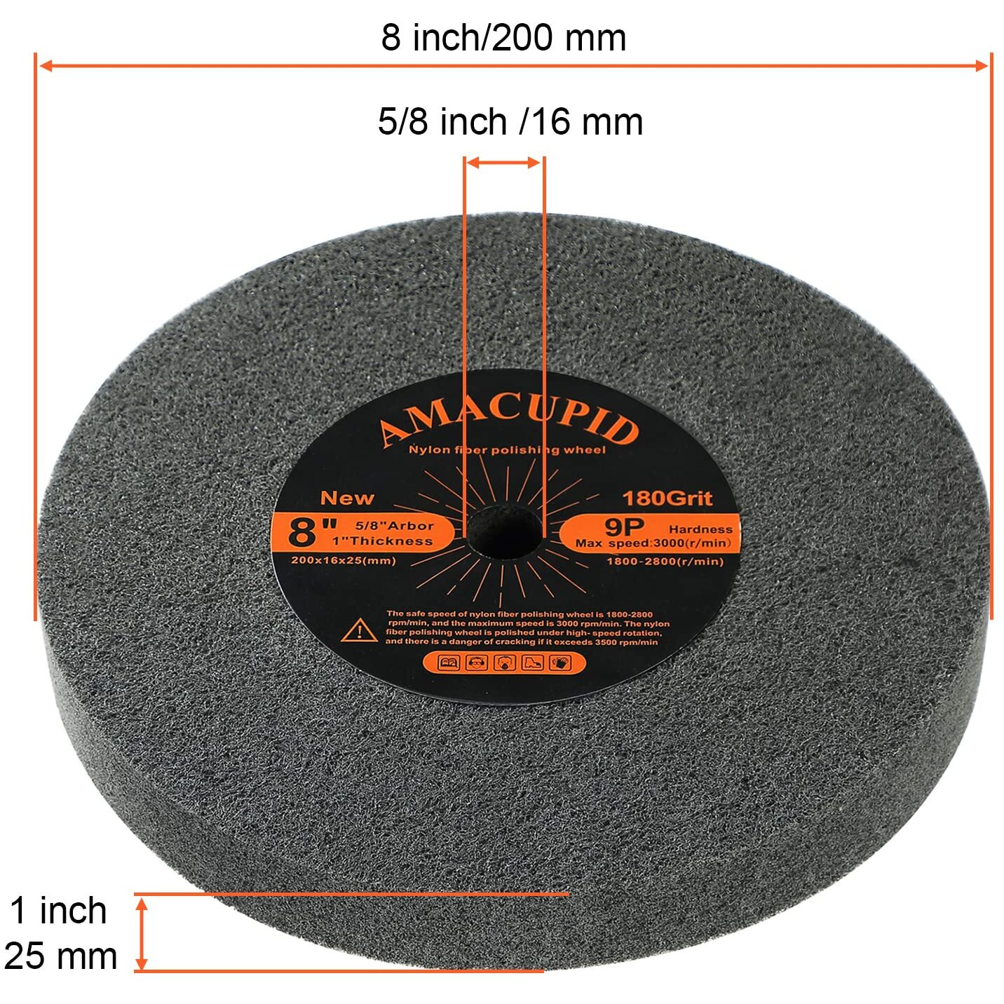 Amacupid Deburring Wheels  Nylon Fiber Wheel 8 Inch 9P Hardness. For Bench Grinder Buffing Machine Polishing Stainless Steel  Etc. Silicon Carbide Abrasive. 180 Grit  5/8 Inch Arbor  1 Inch Thickness