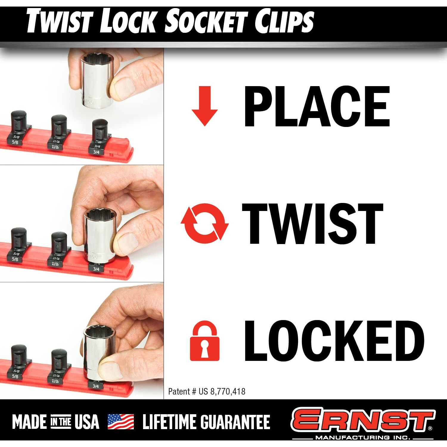 Ernst Manufacturing 3/8-Inch Dura-Pro Twist Lock Socket Clips  15-Pack  Black - 8441