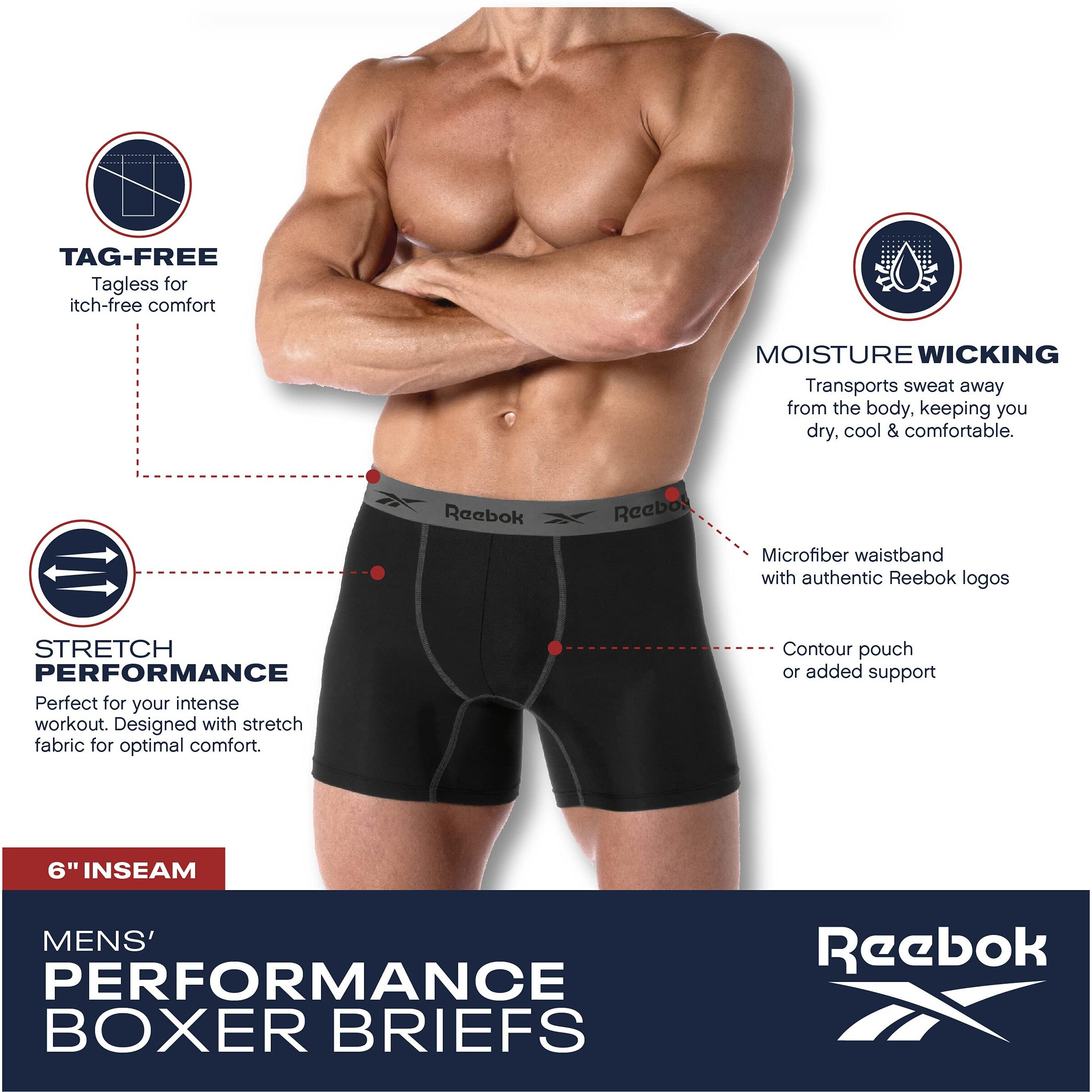 Reebok Men's 3 Pack Performance Quick Dry Moisture Wicking Boxer Briefs  Size X-Large  Sage Greengreyblack