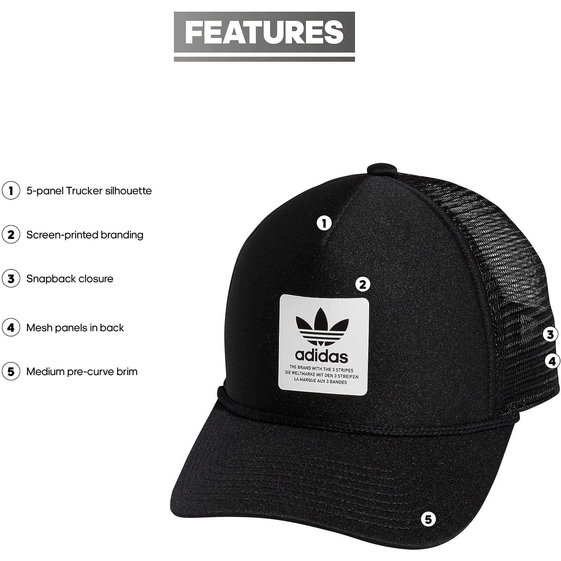 Adidas Originals Dispatch Trucker 5-Panel High Crown Mesh-Back Adjustable Strapback Cap  Black/White  One Size