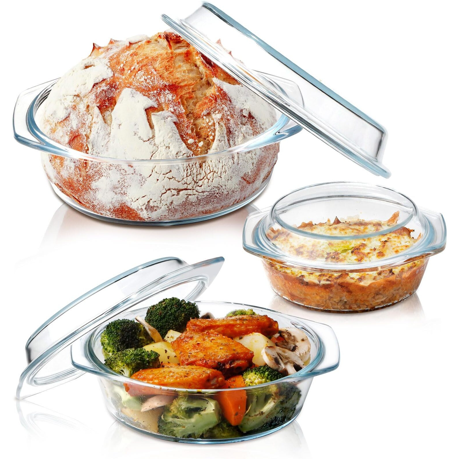 Zyer Round Glass Casserole Dish With Glass Lid Glass Casseroles Bakeware With Glass Lid  Glass Casserole Bowl (Set Of 3-0.65L+1L+1.4L)