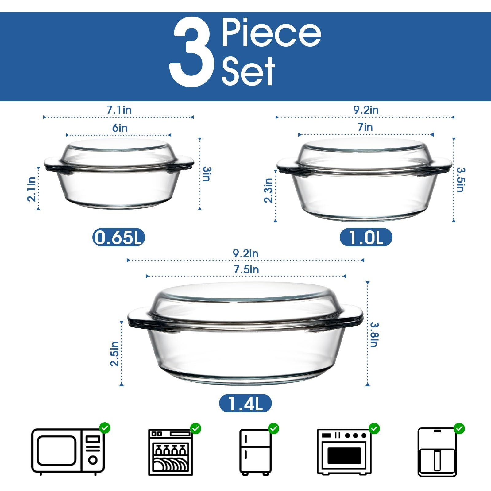 Zyer Round Glass Casserole Dish With Glass Lid Glass Casseroles Bakeware With Glass Lid  Glass Casserole Bowl (Set Of 3-0.65L+1L+1.4L)