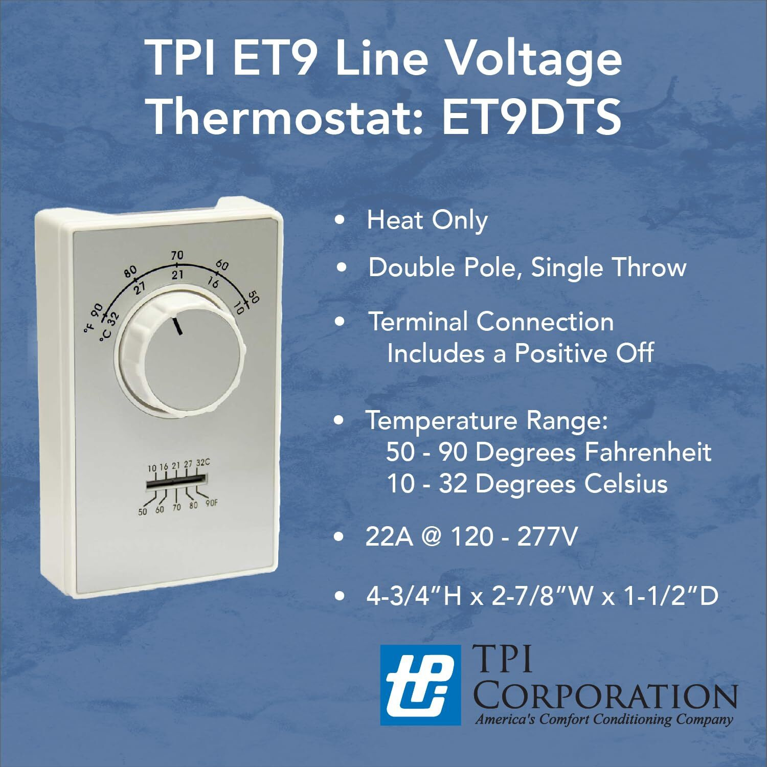 Tpi Et9Dts Series Et9 Line Voltage  Dpst Heat Only  Terminal  50-90F
