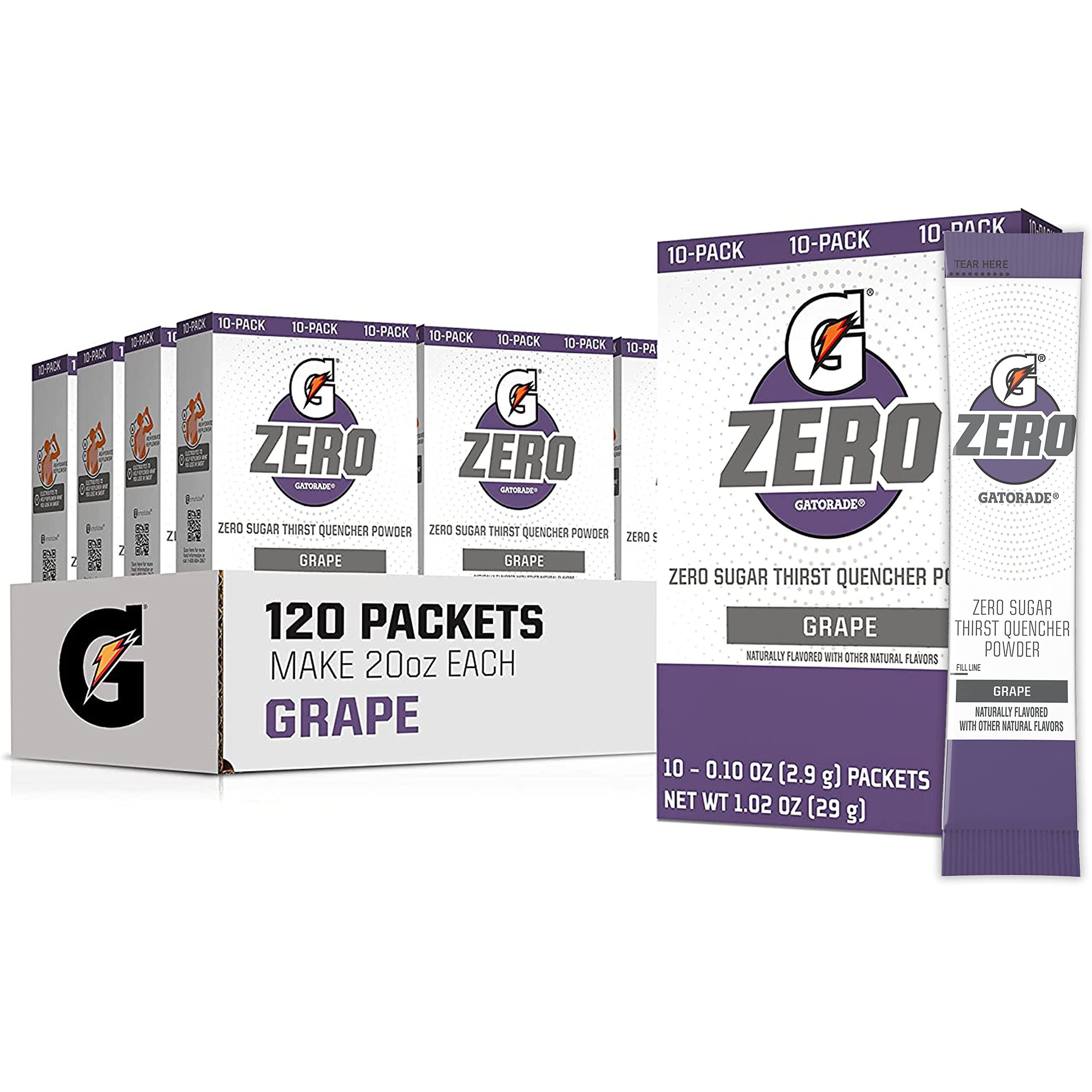 Gatorade G Zero Powder  Grape  0.10Oz Packets  Makes 20 Ounces  10 Count (Pack Of 12)