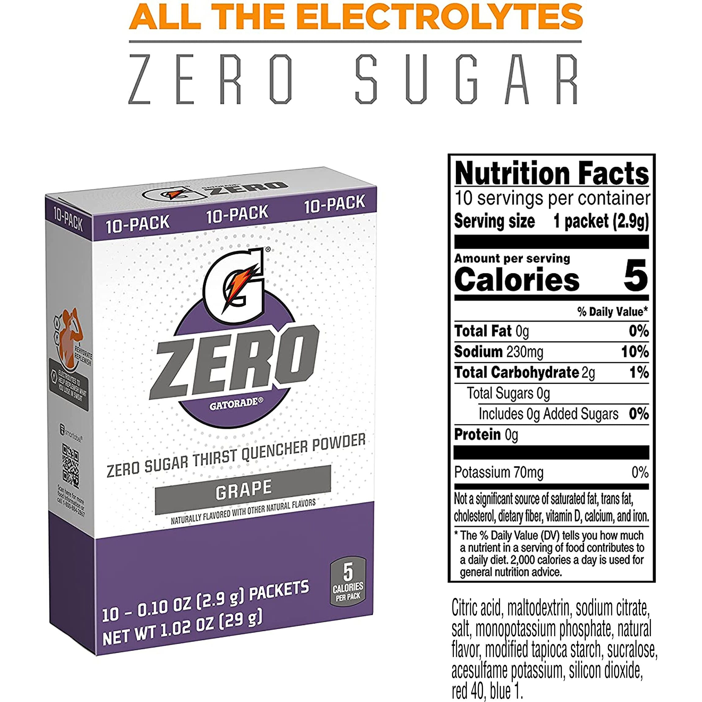 Gatorade G Zero Powder  Grape  0.10Oz Packets  Makes 20 Ounces  10 Count (Pack Of 12)