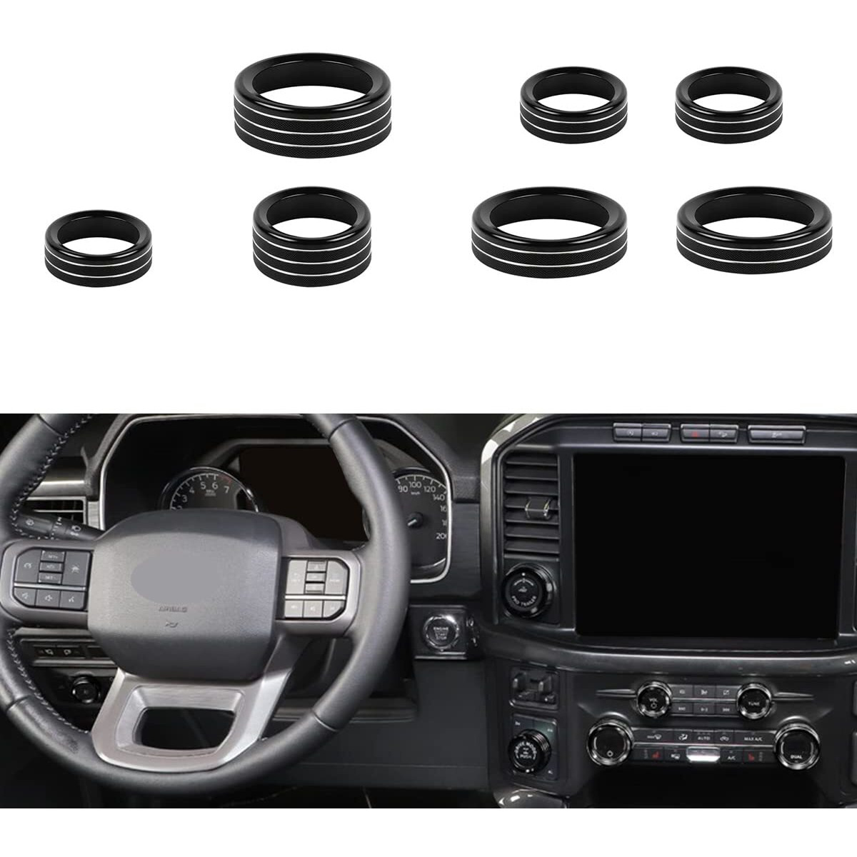 Keptrim For Ford F150 2021 2022 2023 Knob Air Conditioner Switch & Trailer & 4Wd & Vol & Headlight Button Ring Trim  Black Aluminum  7Pcs