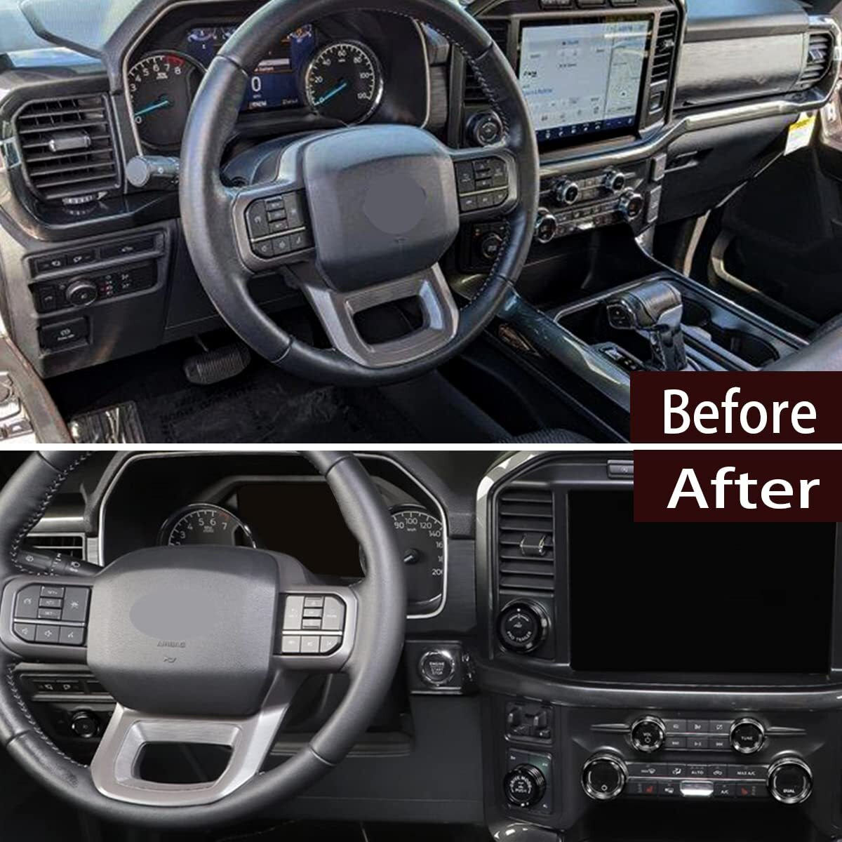 Keptrim For Ford F150 2021 2022 2023 Knob Air Conditioner Switch & Trailer & 4Wd & Vol & Headlight Button Ring Trim  Black Aluminum  7Pcs