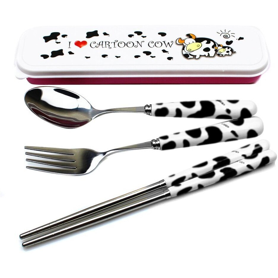 Olizee Cute Creative Cow Pattern Design Flatware Set Of 3 Ceramics Handle Stainless Steel Spoon Fork Chopsticks For Traveling Portable Lovely Animals Korean Tableware Set (Black)