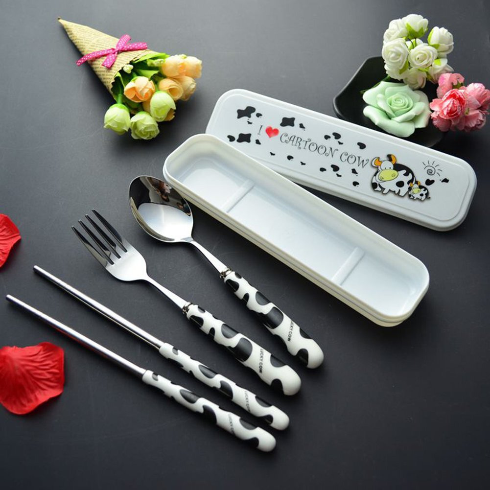 Olizee Cute Creative Cow Pattern Design Flatware Set Of 3 Ceramics Handle Stainless Steel Spoon Fork Chopsticks For Traveling Portable Lovely Animals Korean Tableware Set (Black)