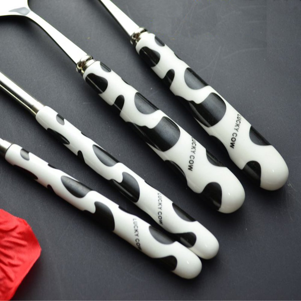 Olizee Cute Creative Cow Pattern Design Flatware Set Of 3 Ceramics Handle Stainless Steel Spoon Fork Chopsticks For Traveling Portable Lovely Animals Korean Tableware Set (Black)